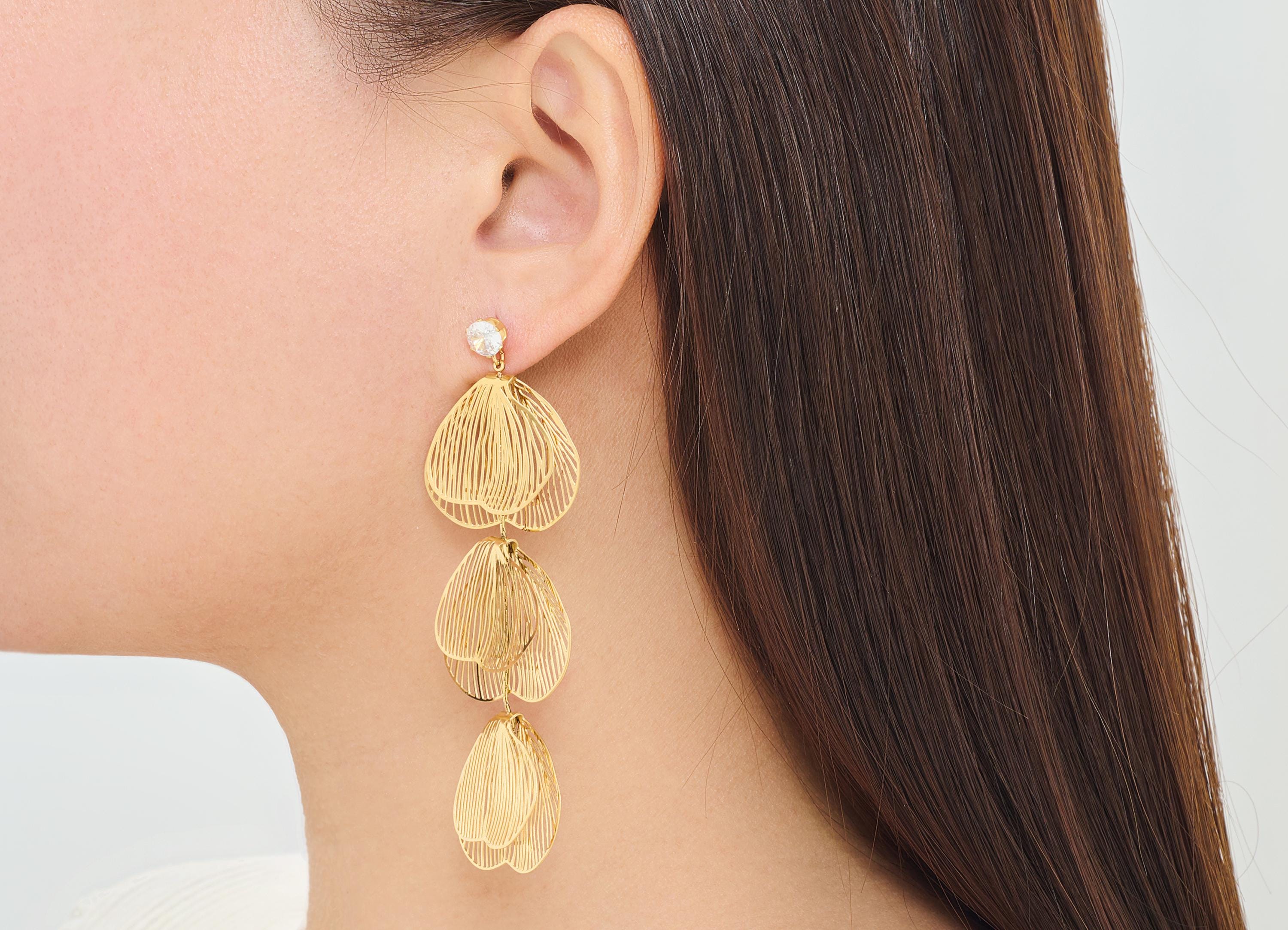 Stainless Steel Dangle Tassel Stud - Gold Layered Hanging Crystal Post - Layered Steel Tassel Stud - Gold Vacuum Plated - 87x27x6mm - SS2223 - DOMEDBAZAAR