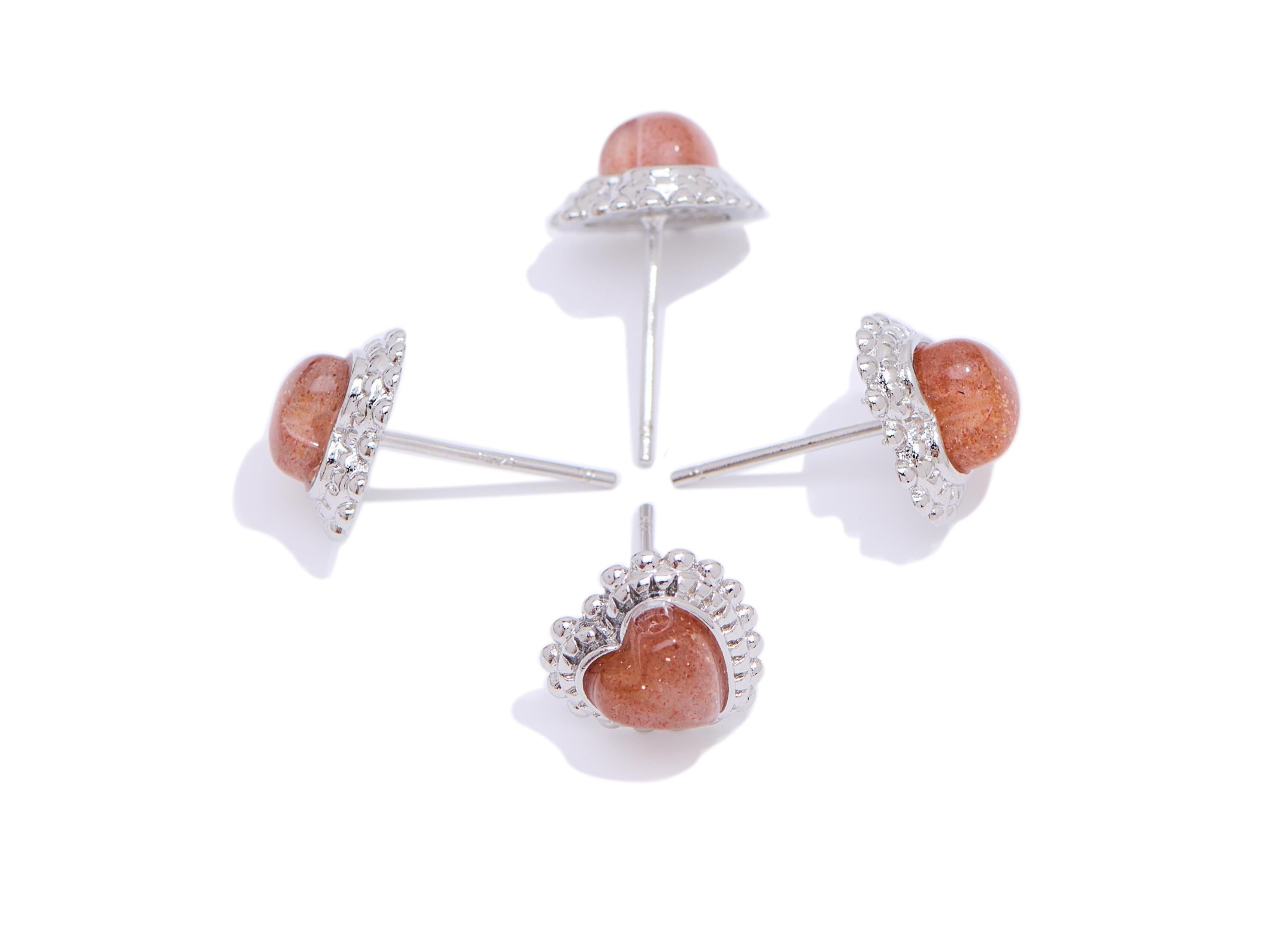 Sunstone Heart Earring Stud - Brass Sunstone Stone Handcrafted Heart Earring - Romantic Jewelry Making - White K Plated - 10x9x5mm - NS2673 - DOMEDBAZAAR