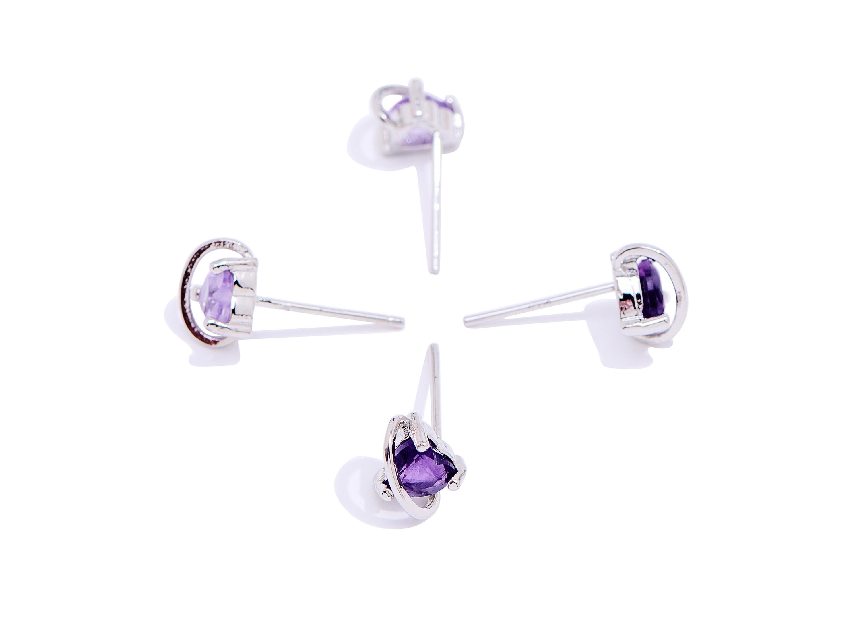 Brass Amethyst Heart Planet Stud - Silver Gemstone Earring Post - Refined Jewelry Making - Silver Stud - White K Plated - 7.6x6x5mm - NS2648 - DOMEDBAZAAR