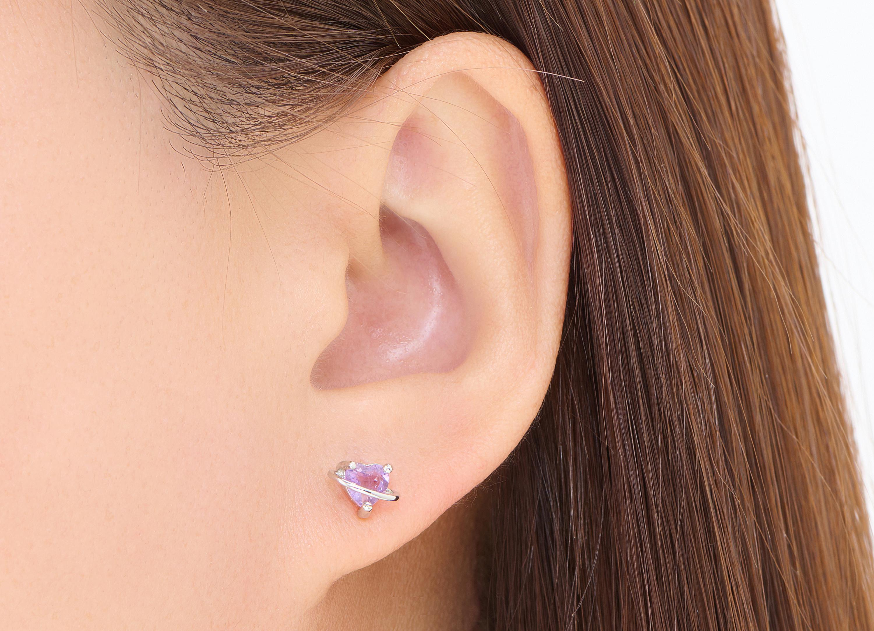 Brass Amethyst Heart Planet Stud - Silver Gemstone Earring Post - Refined Jewelry Making - Silver Stud - White K Plated - 7.6x6x5mm - NS2648 - DOMEDBAZAAR