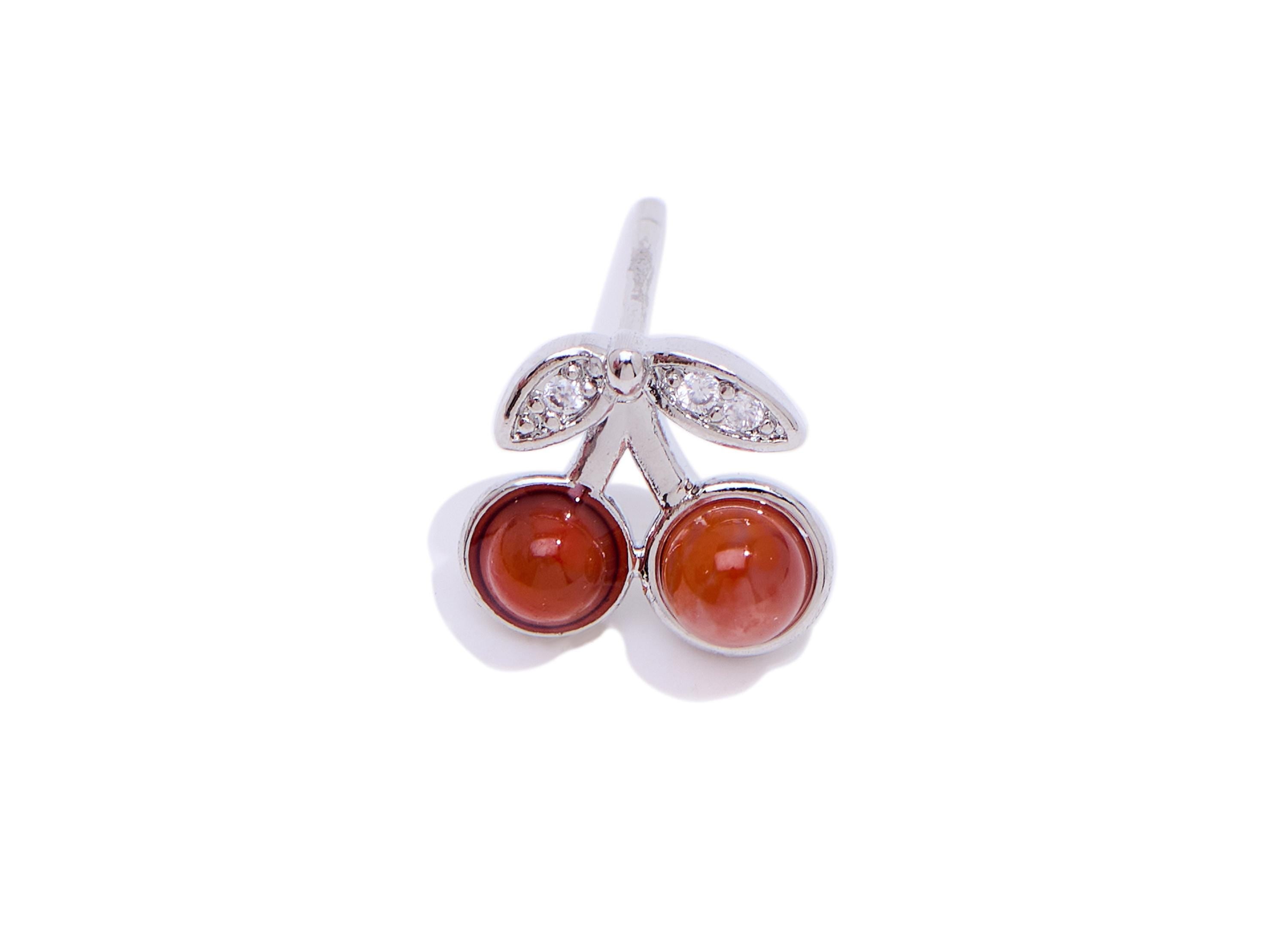 Red Agate Cherry Earring Stud - Brass Stone Dainty Fruit Earring - Dainty Jewelry Making For Woman - White K Plated - 10x8x4mm - NS2563 - DOMEDBAZAAR
