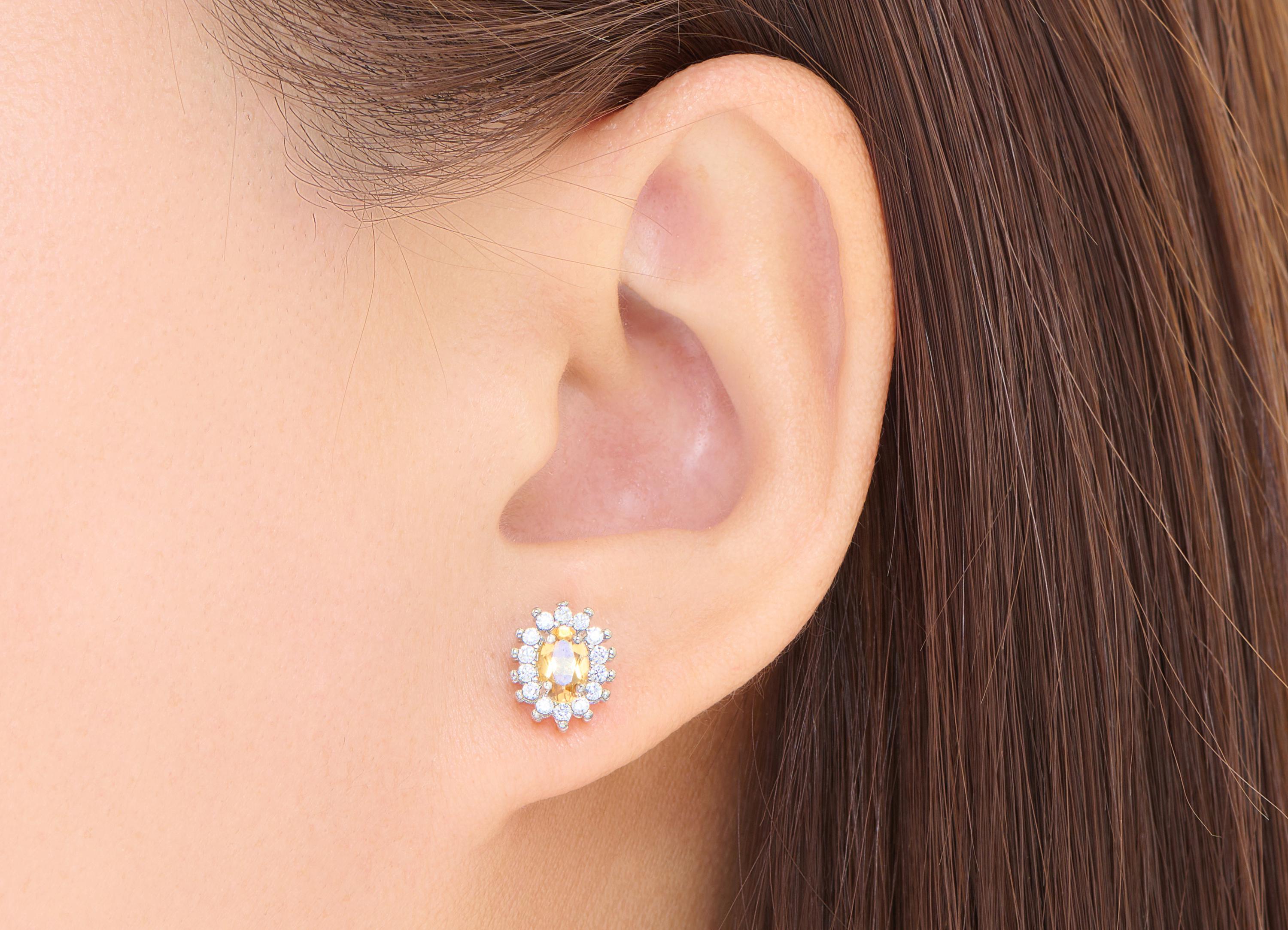 Citrine Oval Earring Stud - Brass Sparking Gem Stone Faceted Earring - Dainty Jewelry Making For Woman - White K Plated - 10x8x5mm - NS2561 - DOMEDBAZAAR