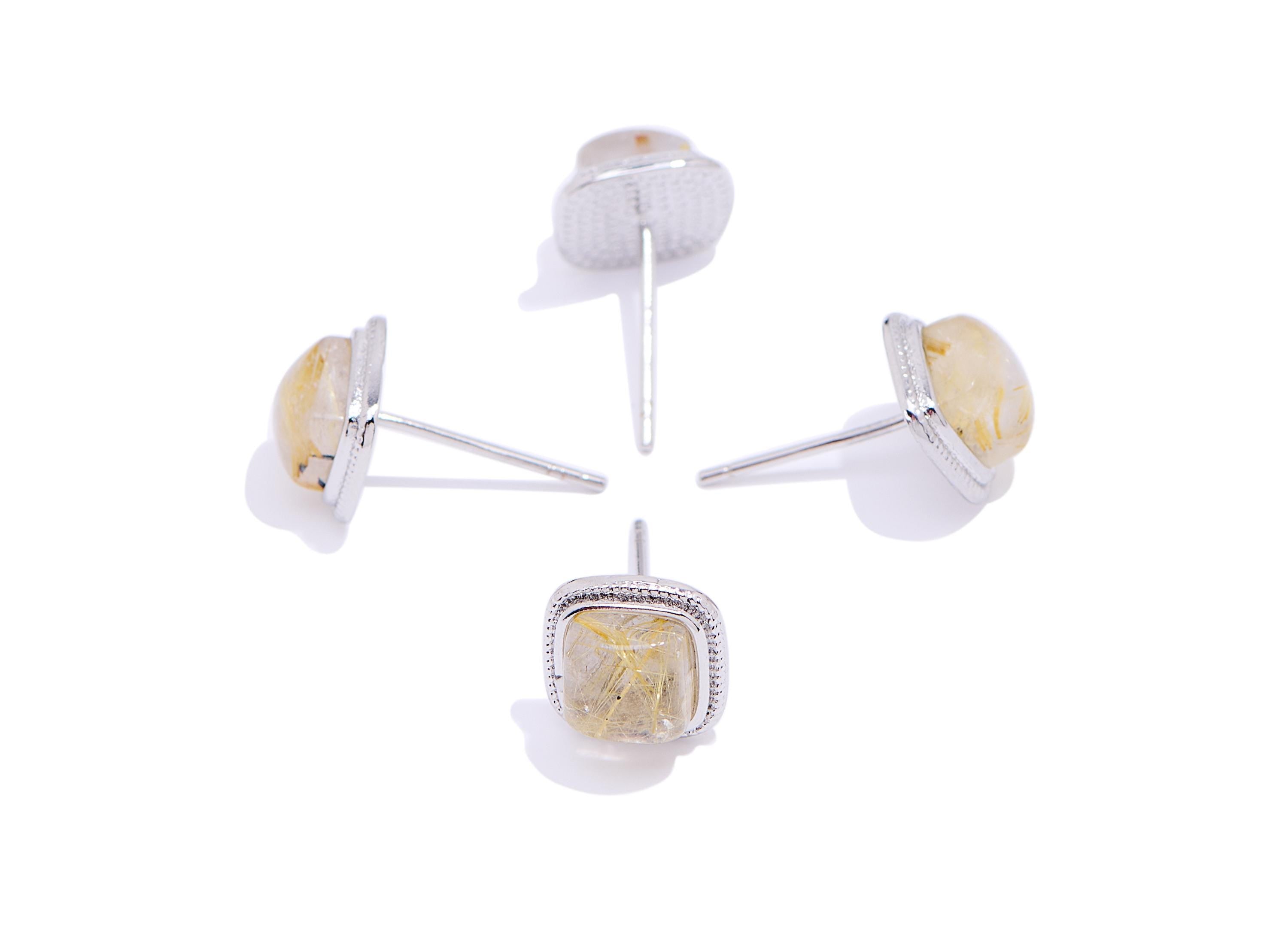 Brass Square Earring Stud - Silver Hairite Natural Gemstone Post - Petite Jewelry Making - Silver Stud - White K Plated - 8.8x8.8x5mm-NS2558 - DOMEDBAZAAR