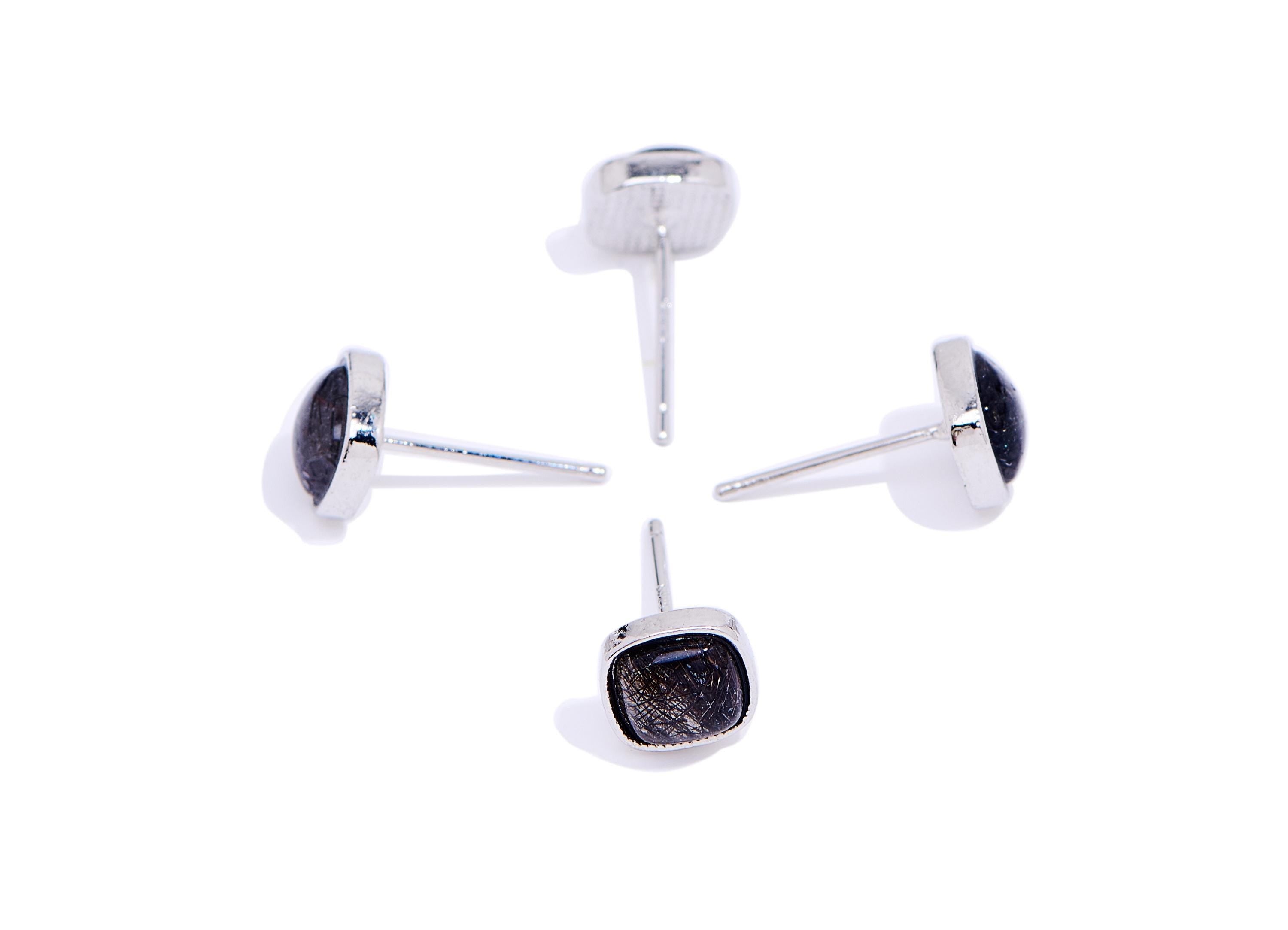 Brass Square Earring Stud - Silver Hairite Natural Stone Gemstone Post - Petite Jewelry - Silver Stud - White K Plated - 7x7x3.5mm - NS2555 - DOMEDBAZAAR