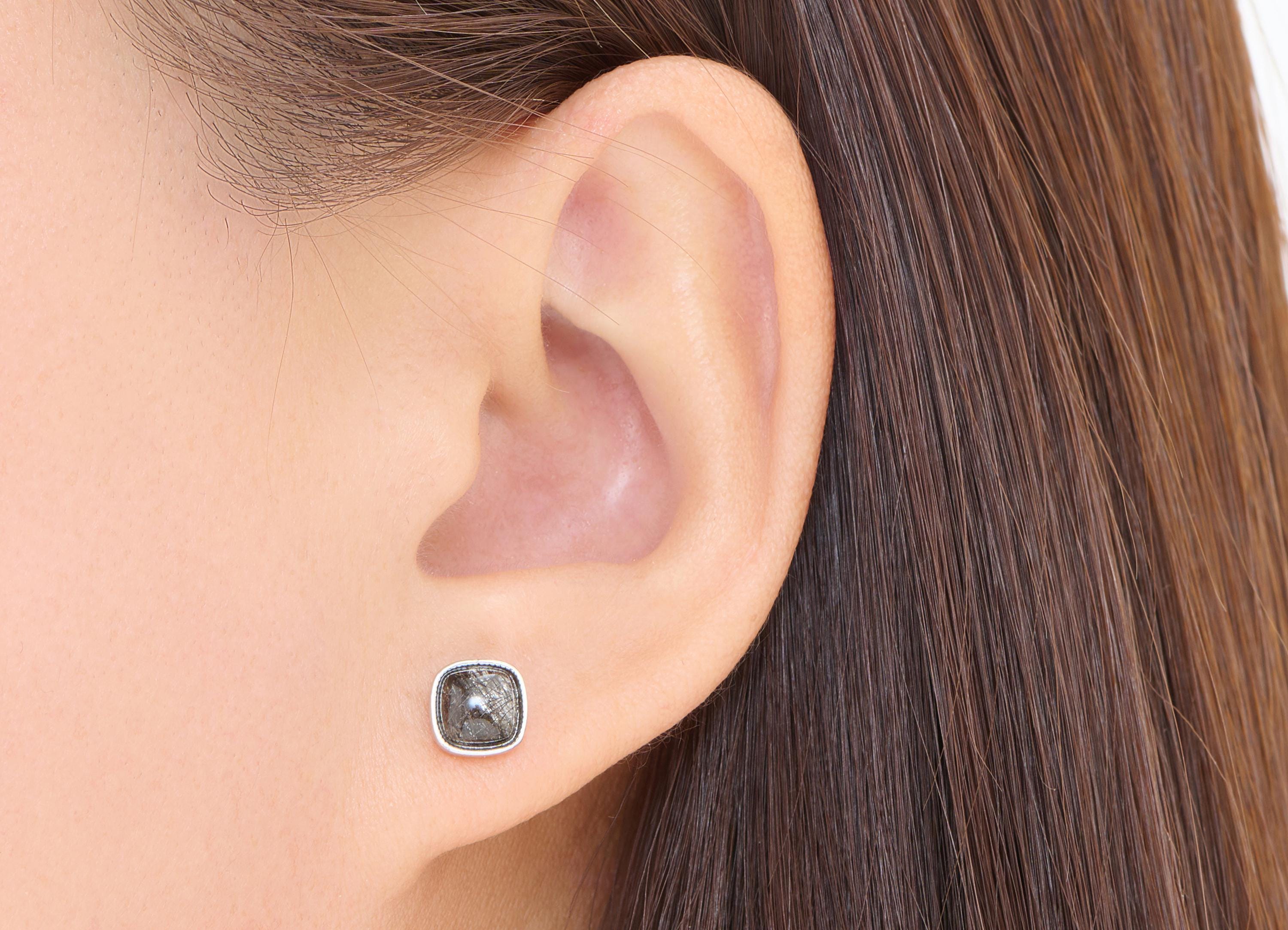 Brass Square Earring Stud - Silver Hairite Natural Stone Gemstone Post - Petite Jewelry - Silver Stud - White K Plated - 7x7x3.5mm - NS2555 - DOMEDBAZAAR