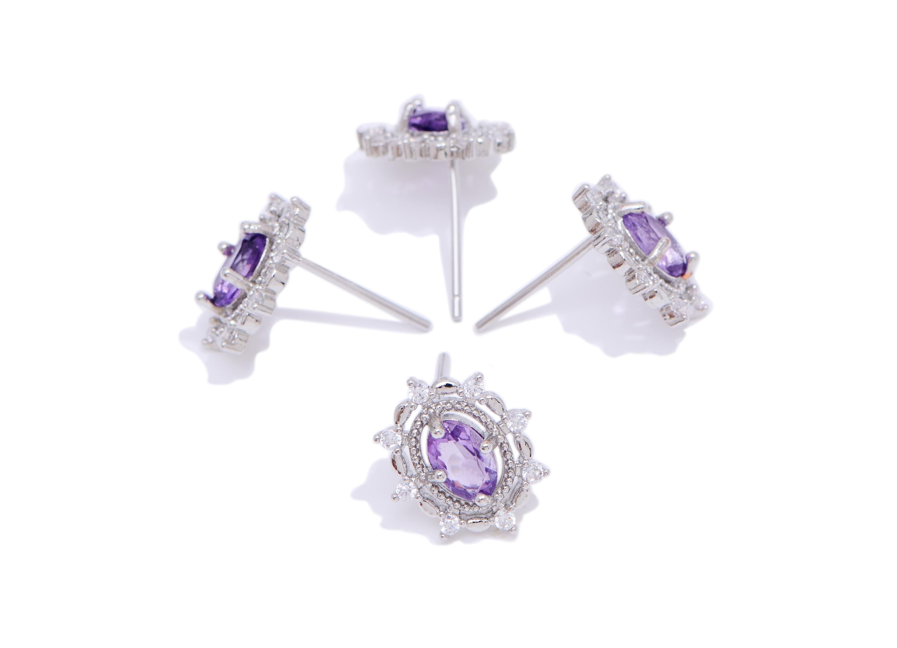 Amethyst Vintage Looking Earring Stud - Brass Sparking Gem Stone Earring - Dainty Jewelry Making - White K Plated - 13x10x3mm - NS2593 - DOMEDBAZAAR