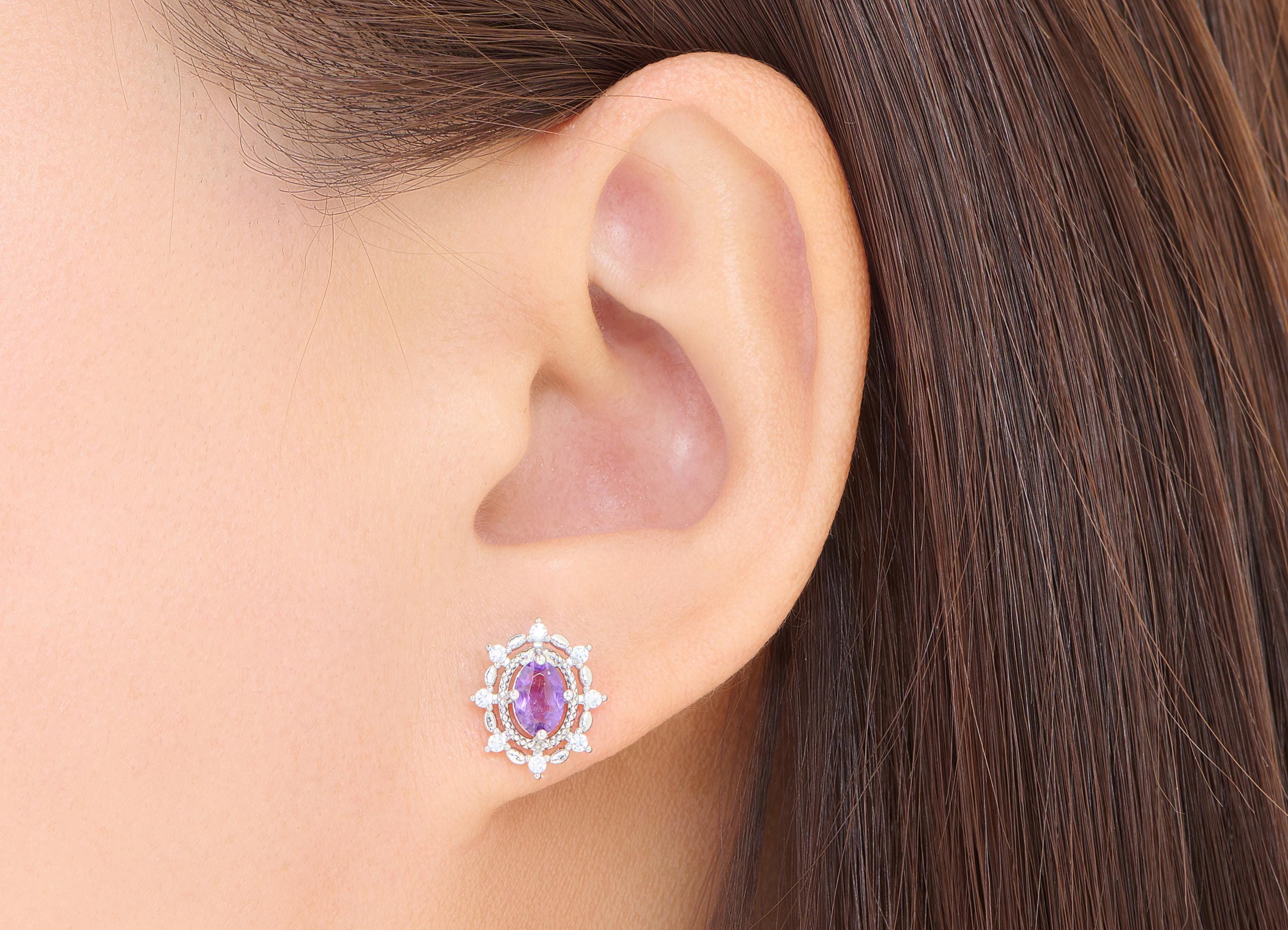 Amethyst Vintage Looking Earring Stud - Brass Sparking Gem Stone Earring - Dainty Jewelry Making - White K Plated - 13x10x3mm - NS2593 - DOMEDBAZAAR