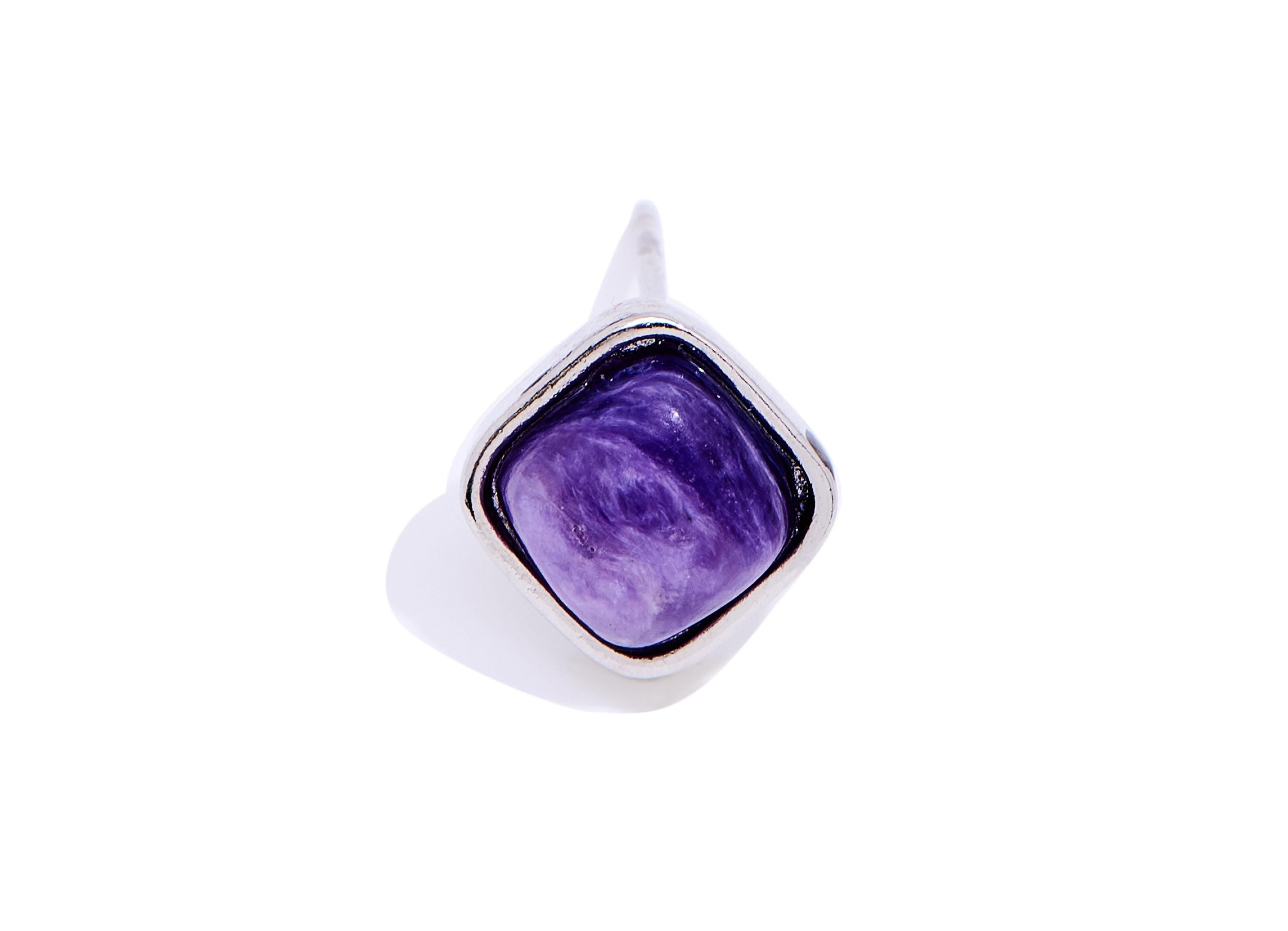 Charoite Brass Square Earring Stud - Silver Natural Stone Gemstone Post - Dainty Jewelry - Silver Stud - White K Plated - 8.7x8.7x4mm-NS2557 - DOMEDBAZAAR