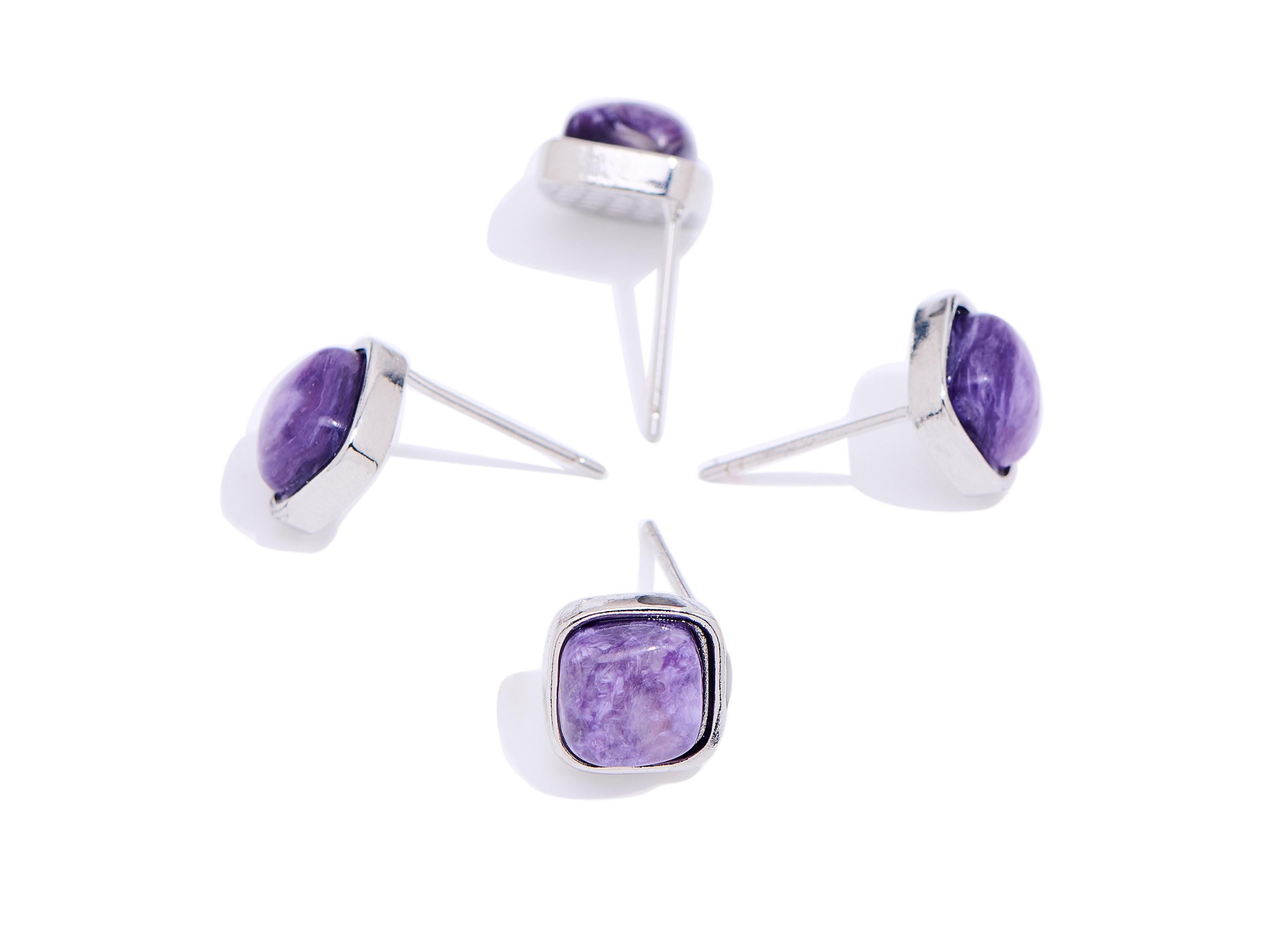 Charoite Brass Square Earring Stud - Silver Natural Stone Gemstone Post - Dainty Jewelry - Silver Stud - White K Plated - 8.7x8.7x4mm-NS2557 - DOMEDBAZAAR