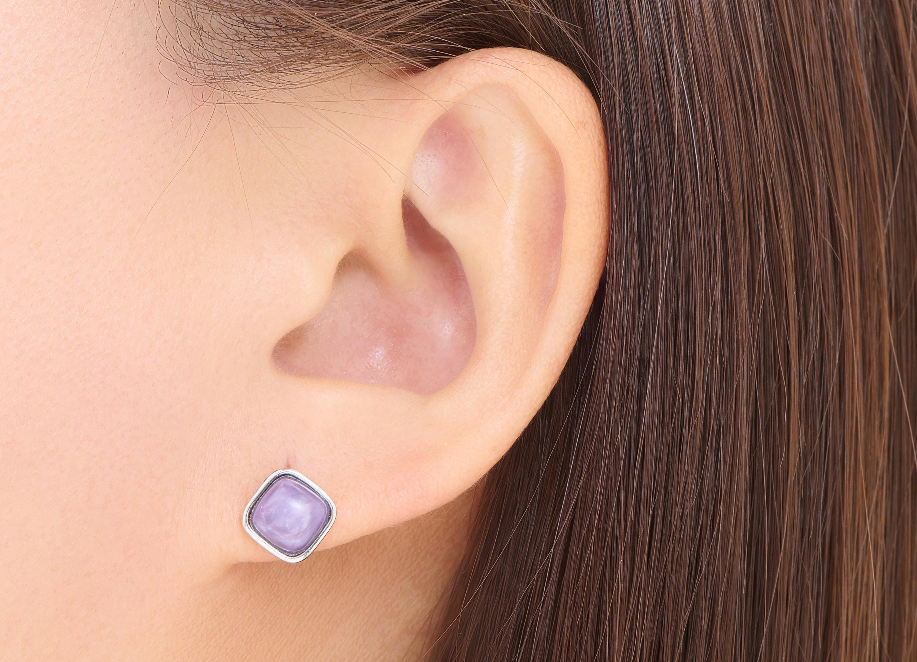 Charoite Brass Square Earring Stud - Silver Natural Stone Gemstone Post - Dainty Jewelry - Silver Stud - White K Plated - 8.7x8.7x4mm-NS2557 - DOMEDBAZAAR