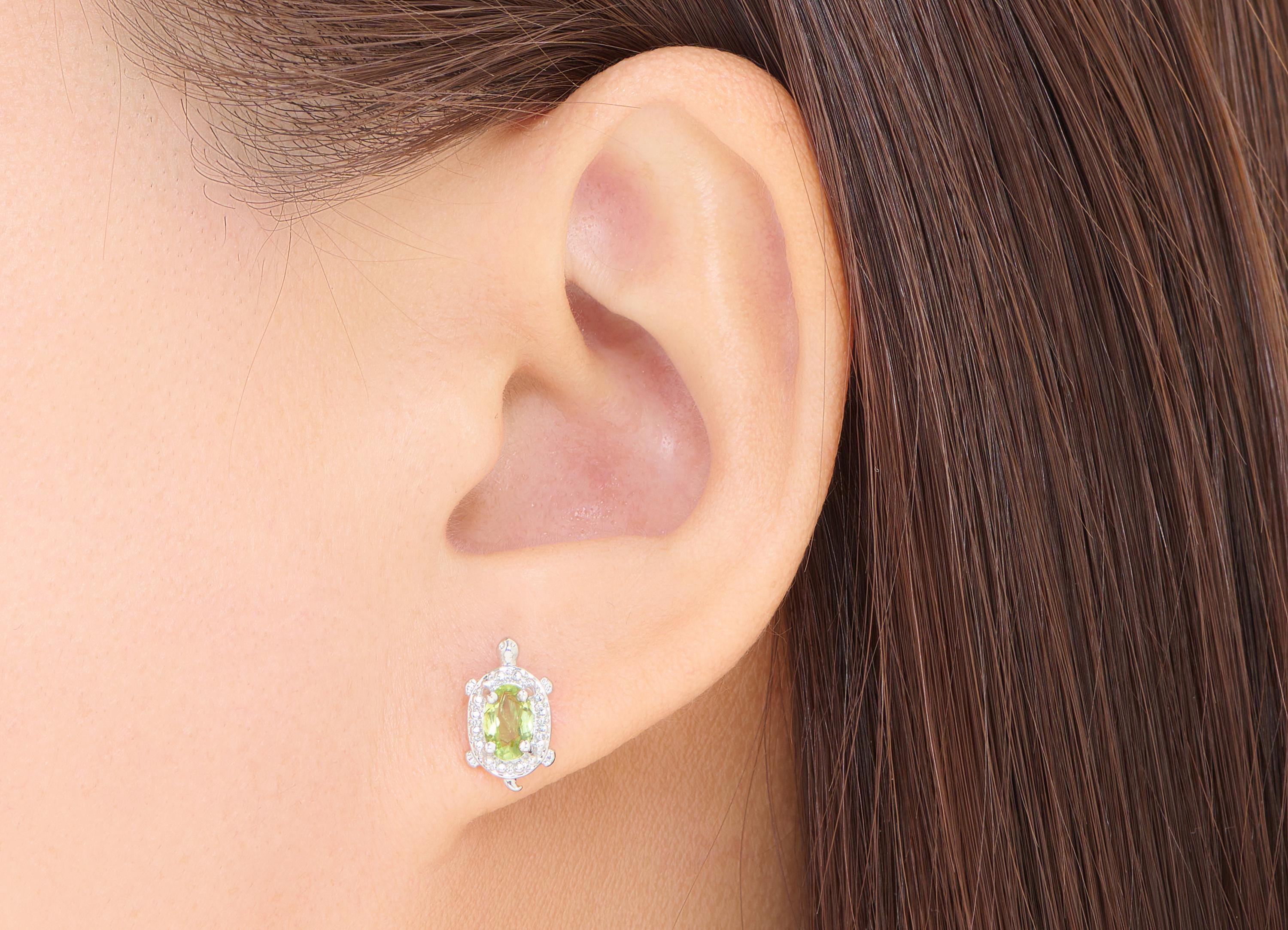 Olivine Turtle Earring Stud - Brass Natural Stone Cute Earring Post - Dainty Everyday Wear Jewelry Making - White K Plated - 12x7x3mm-NS2609 - DOMEDBAZAAR