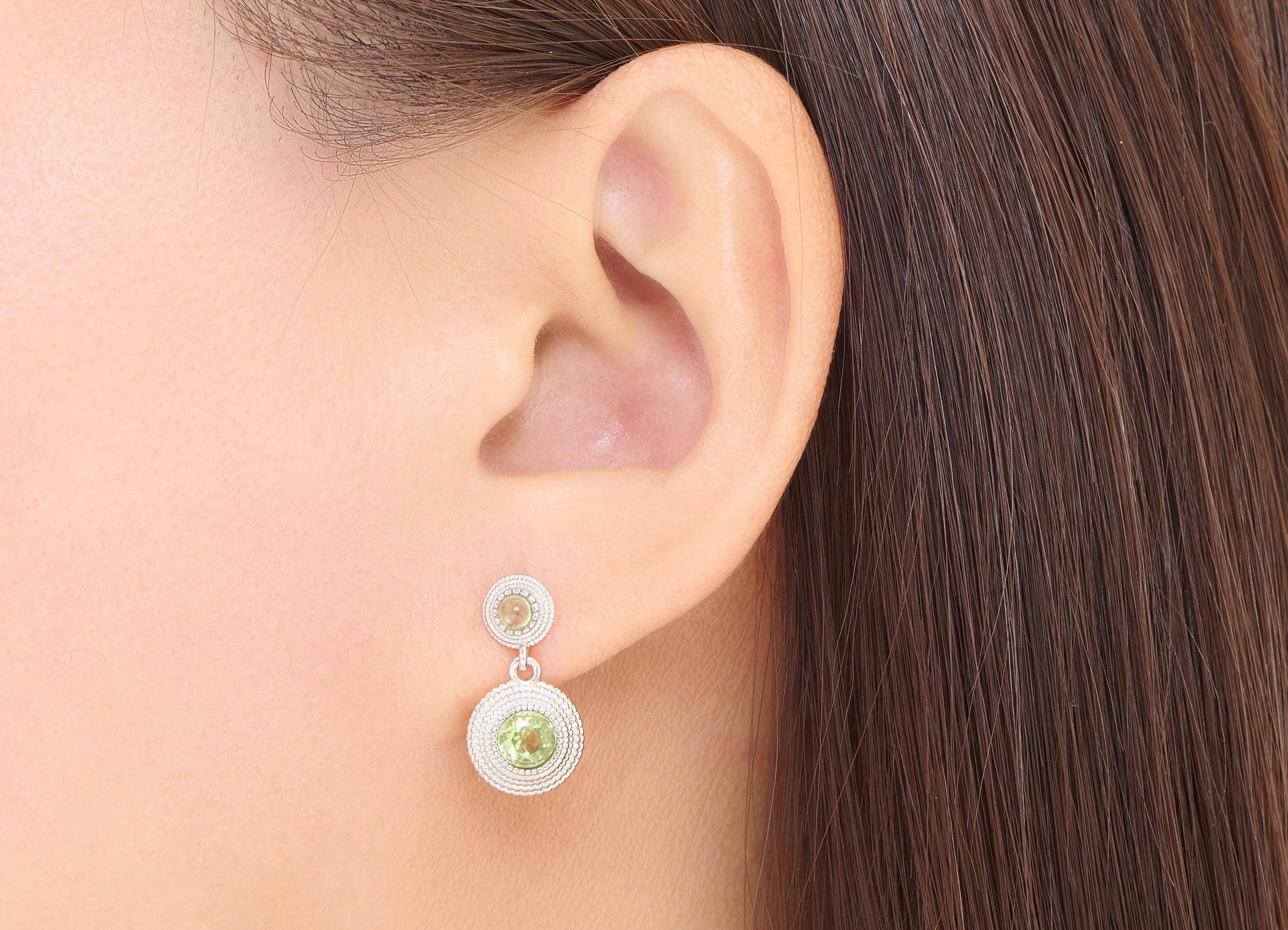 Olivine Brass Dangle Earring Stud - Sparkling Double Round Post - Dainty Jewelry Making - Silver Stud - White K Plated - 20.3x10x3mm -NS2682 - DOMEDBAZAAR
