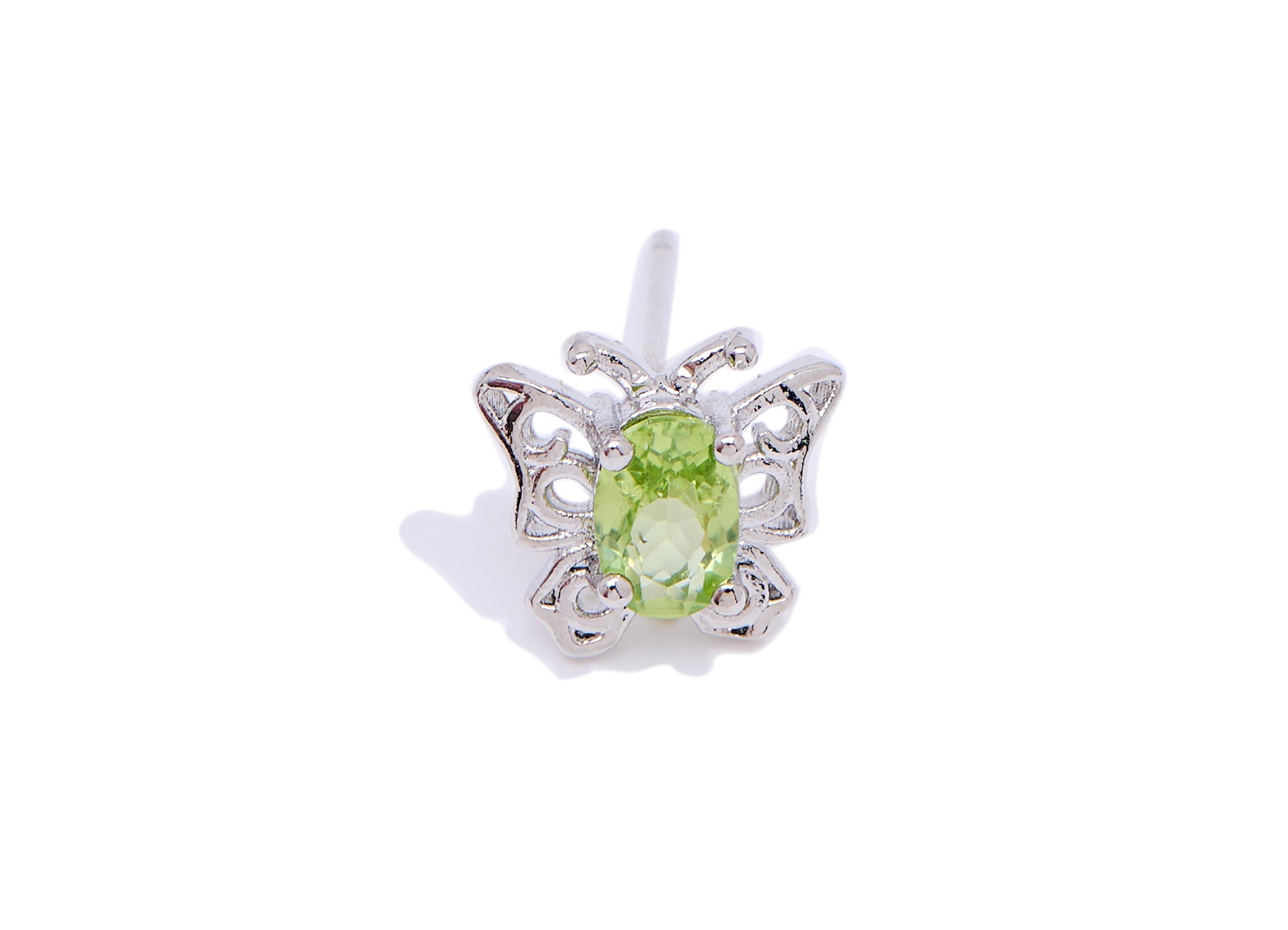 Olivine Butterfly Earring Stud - Brass Natural Stone Cute Earring Post - Everyday Wear Jewelry Making - White K Plated - 10x9x3mm - NS2612 - DOMEDBAZAAR
