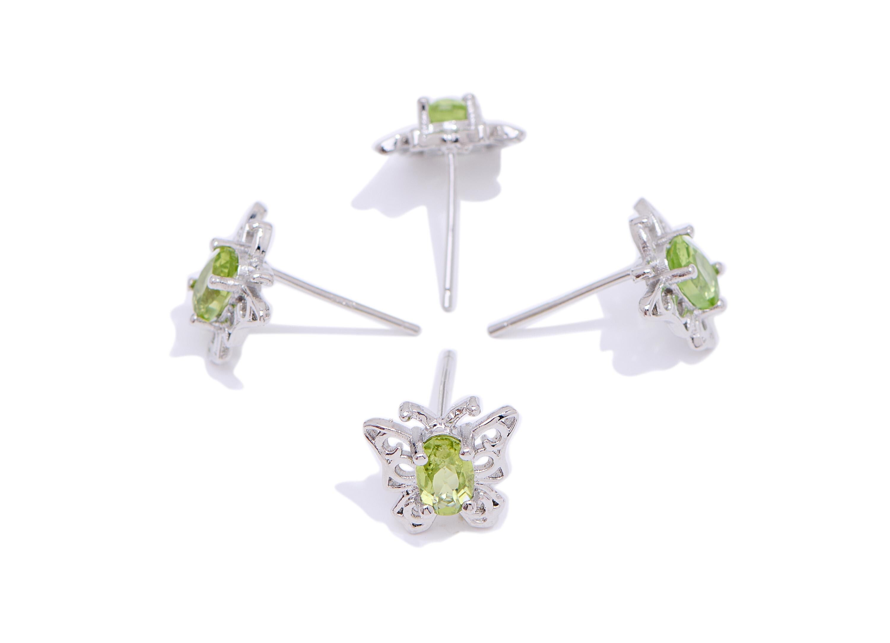 Olivine Butterfly Earring Stud - Brass Natural Stone Cute Earring Post - Everyday Wear Jewelry Making - White K Plated - 10x9x3mm - NS2612 - DOMEDBAZAAR