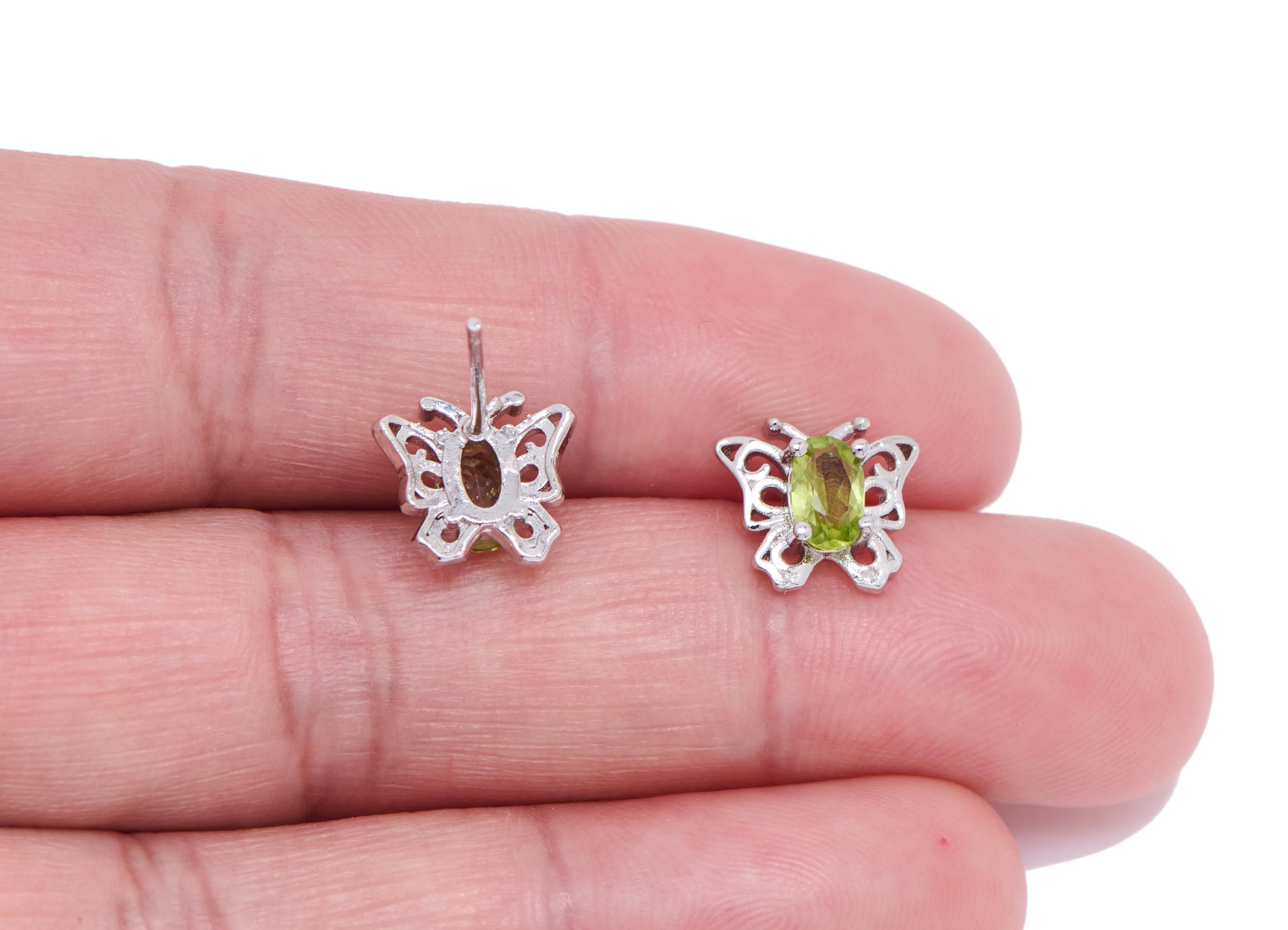 Olivine Butterfly Earring Stud - Brass Natural Stone Cute Earring Post - Everyday Wear Jewelry Making - White K Plated - 10x9x3mm - NS2612 - DOMEDBAZAAR