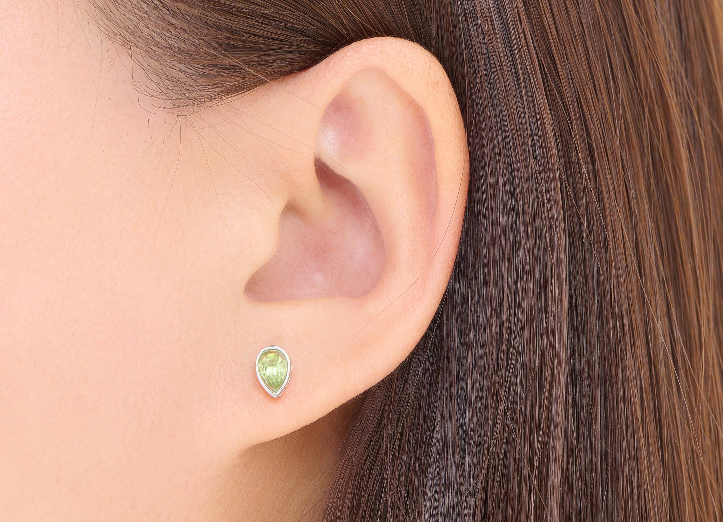 Olivine Brass Teardrop Studs - Drop Natural Stone Post - Minimalist Jewelry - Silver Stud - White K Plated Brass - 7.7x5.2x3.92mm - NS2591 - DOMEDBAZAAR
