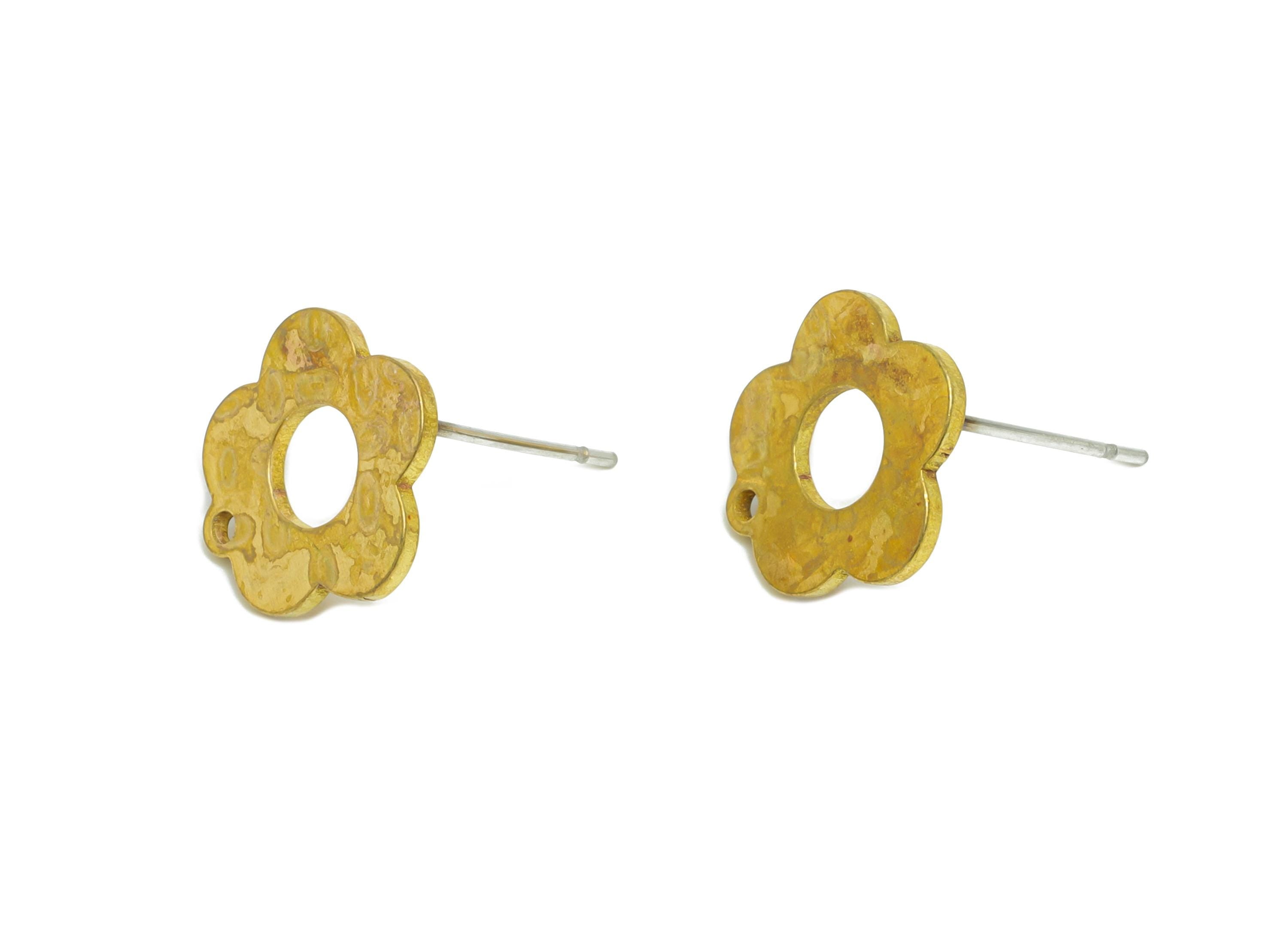Floral Earring Stud - Raw Brass Vintage Flower Earring Post With Loop - Boho Customizable Stud Earring - Stud With Hole - 13x13x1mm -PP11047 - DOMEDBAZAAR