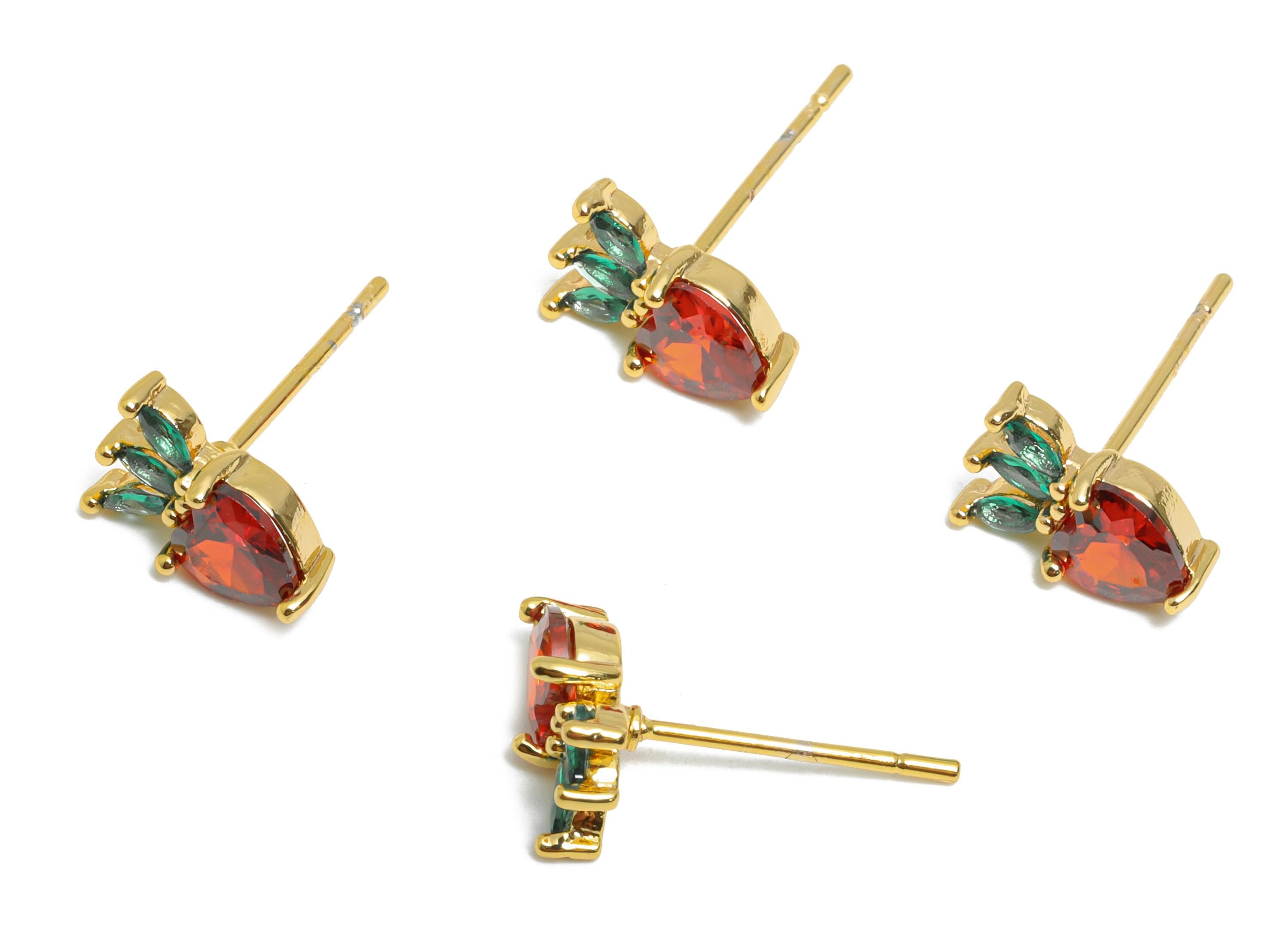 Strawberry Earring Stud - Brass Colorful Marquise Gem Earring - Modern Cubic Zircon Earring Stud - 18K Real Gold Plated - 9x6x3mm - RGP10372 - DOMEDBAZAAR