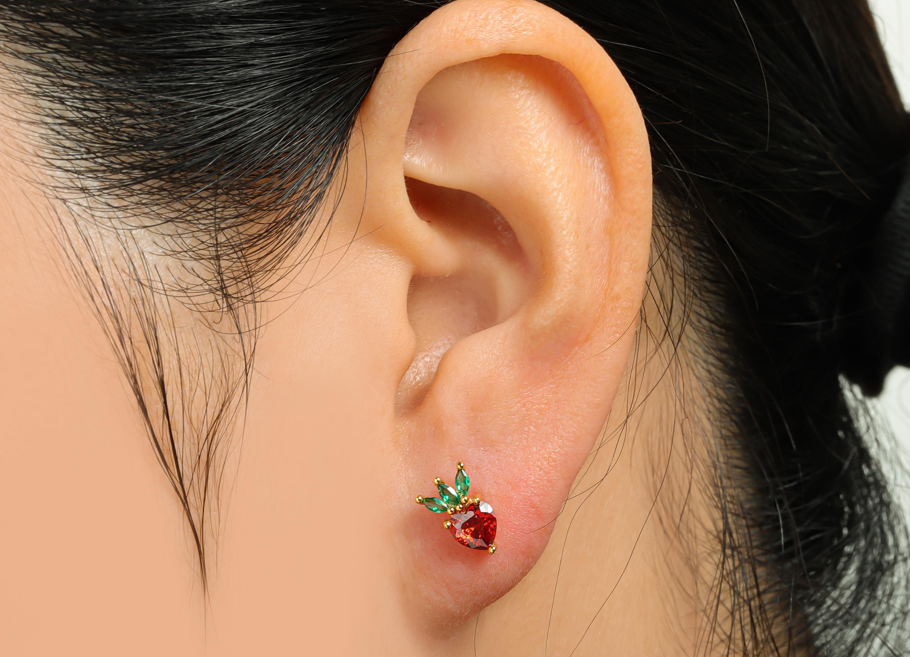 Strawberry Earring Stud - Brass Colorful Marquise Gem Earring - Modern Cubic Zircon Earring Stud - 18K Real Gold Plated - 9x6x3mm - RGP10372 - DOMEDBAZAAR