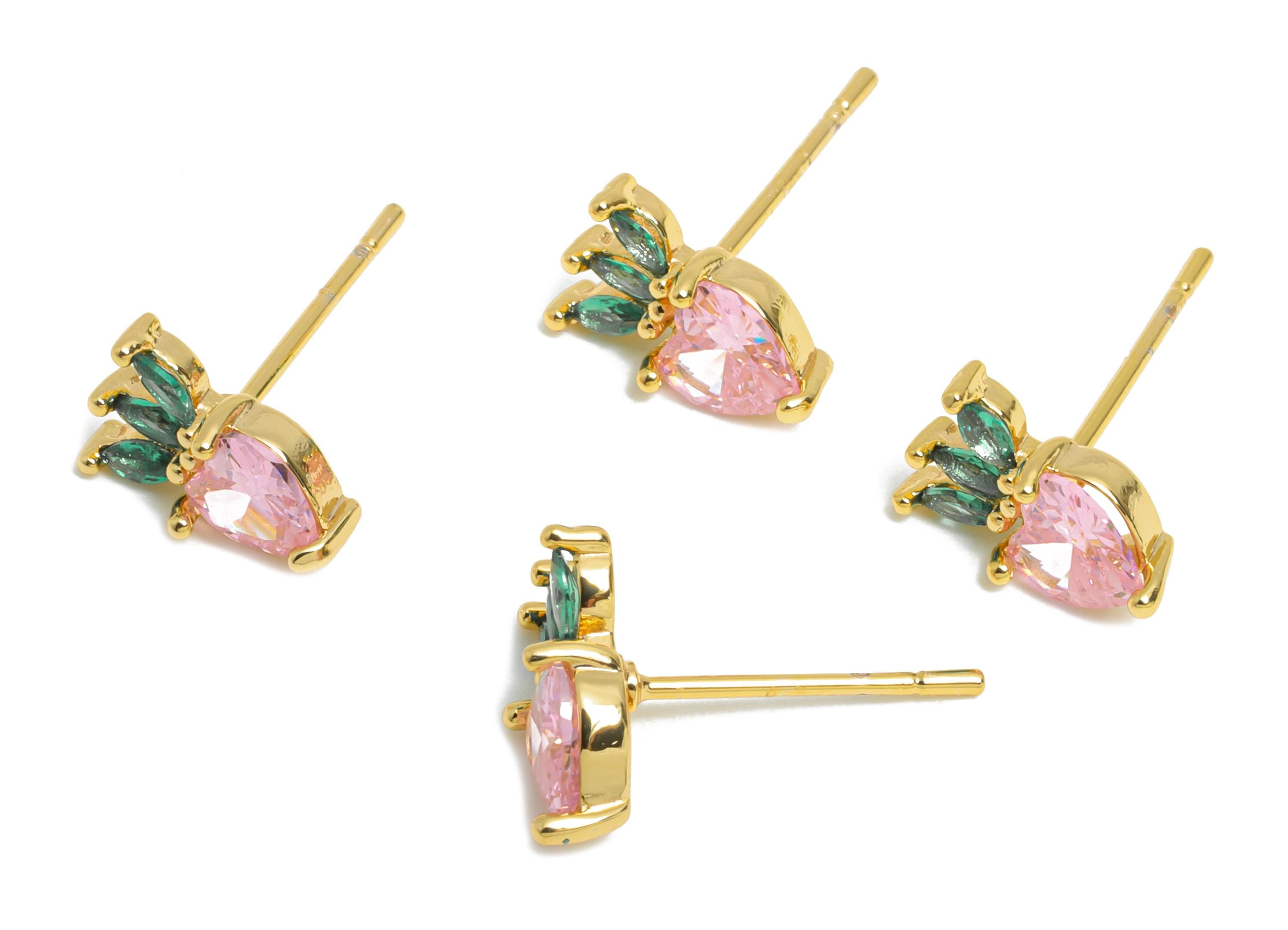 CZ Strawberry Earring Stud - Brass Pink Gemstone Earring - Marquise Shimmering Earring Stud - 18K Real Gold Plated - 9x6x3mm - RGP10374 - DOMEDBAZAAR