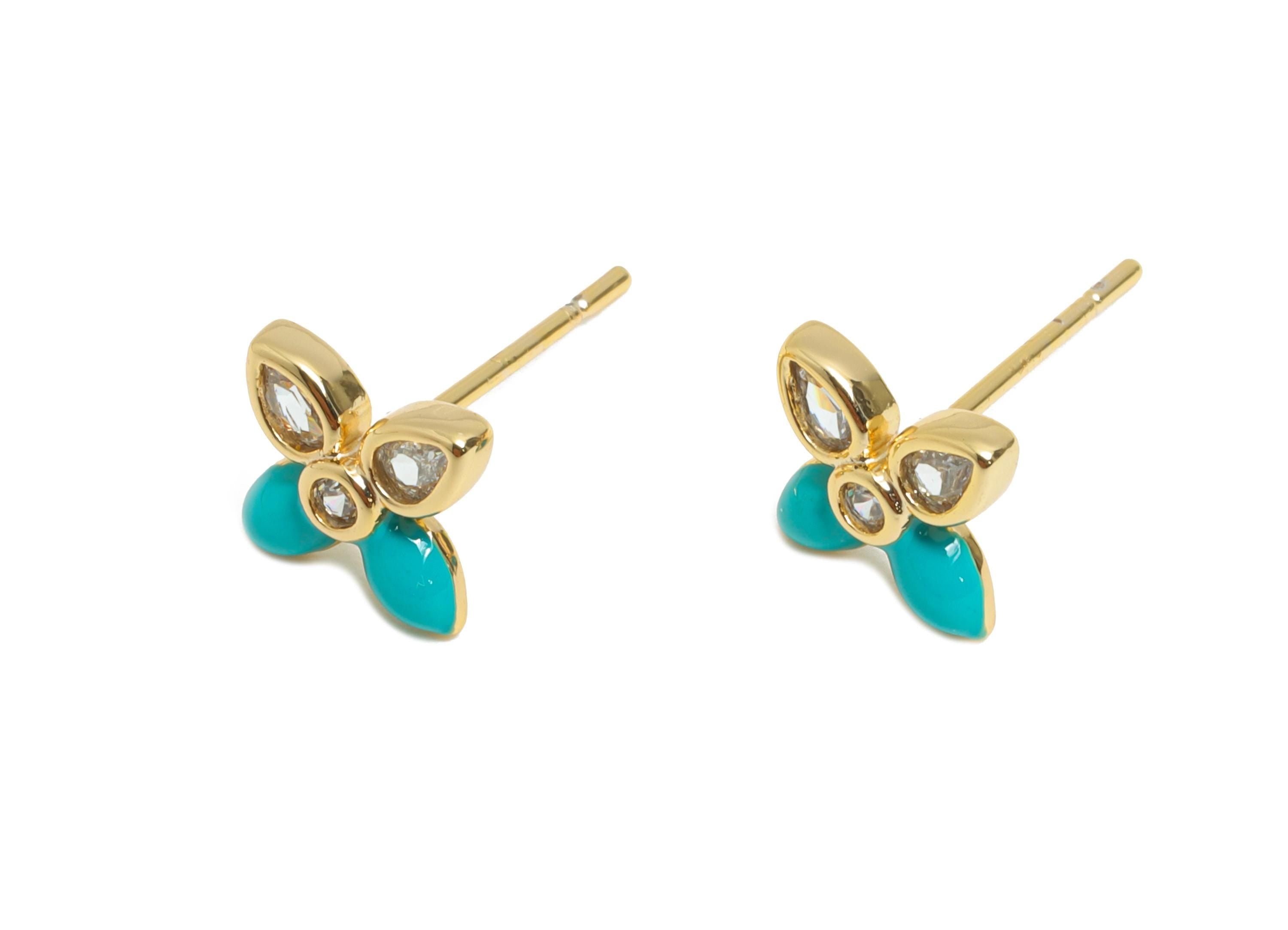 CZ Dainty Flower Stud - Brass Vibrant Enamel Earring Stud - Brass Crystal Everyday Wear Earring - 18K Real Gold Plated - 9x7x2mm - RGP10392A - DOMEDBAZAAR