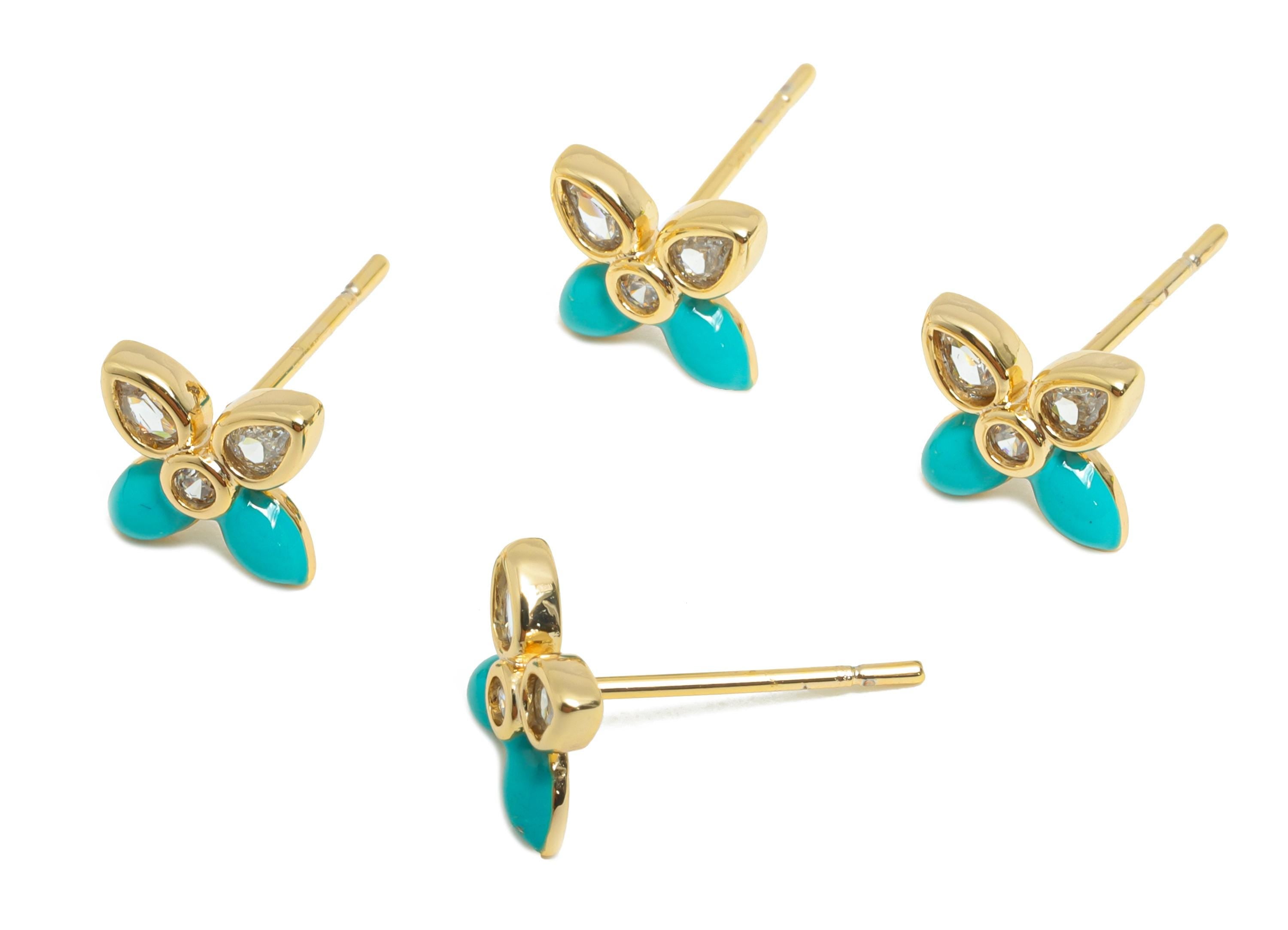 CZ Dainty Flower Stud - Brass Vibrant Enamel Earring Stud - Brass Crystal Everyday Wear Earring - 18K Real Gold Plated - 9x7x2mm - RGP10392A - DOMEDBAZAAR