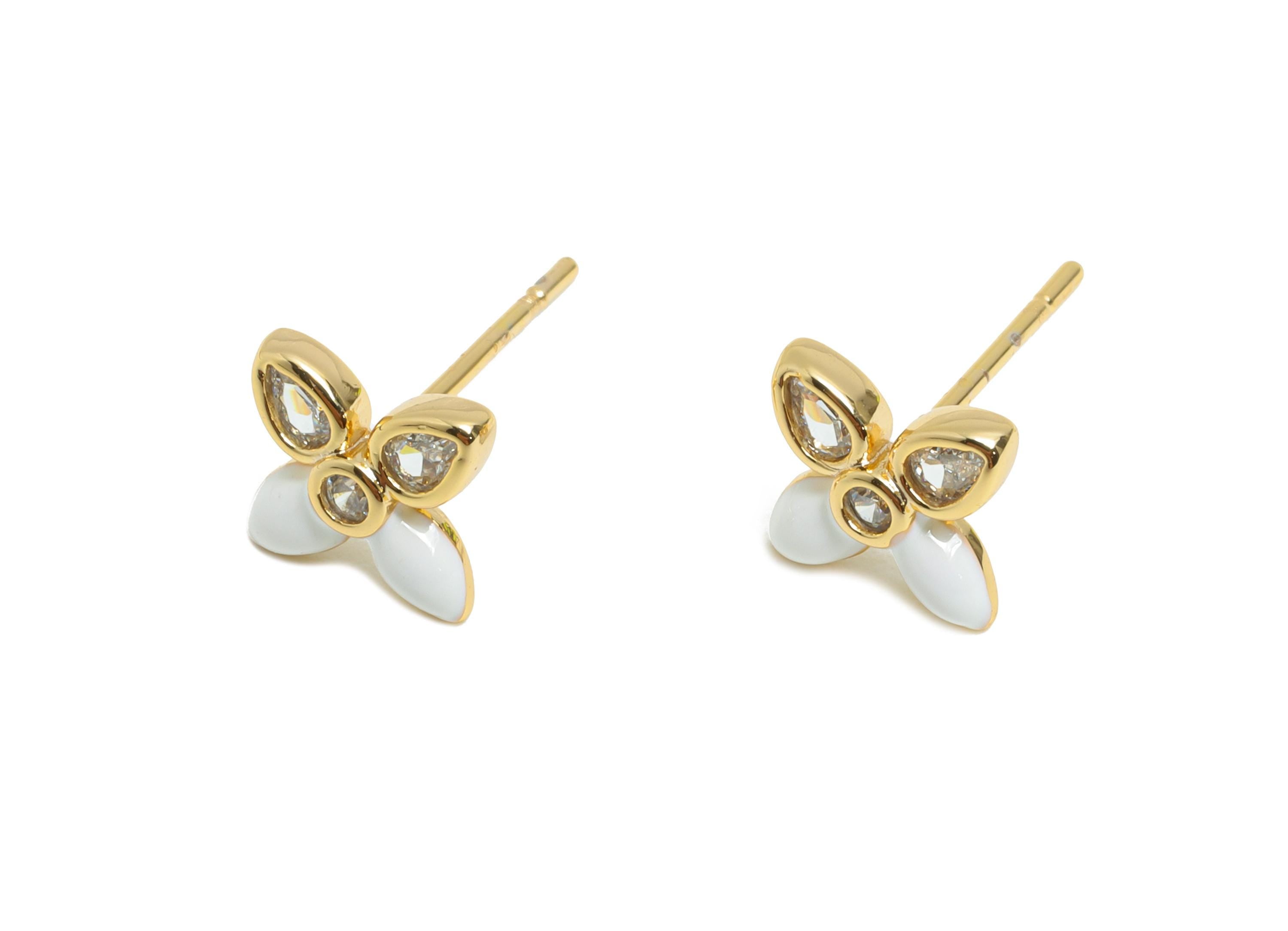 CZ Dainty Flower Stud - Brass Vibrant Enamel Earring Stud - Brass Crystal Everyday Wear  Earring - 18K Real Gold Plated - 9x7x2mm-RGP10392B - DOMEDBAZAAR