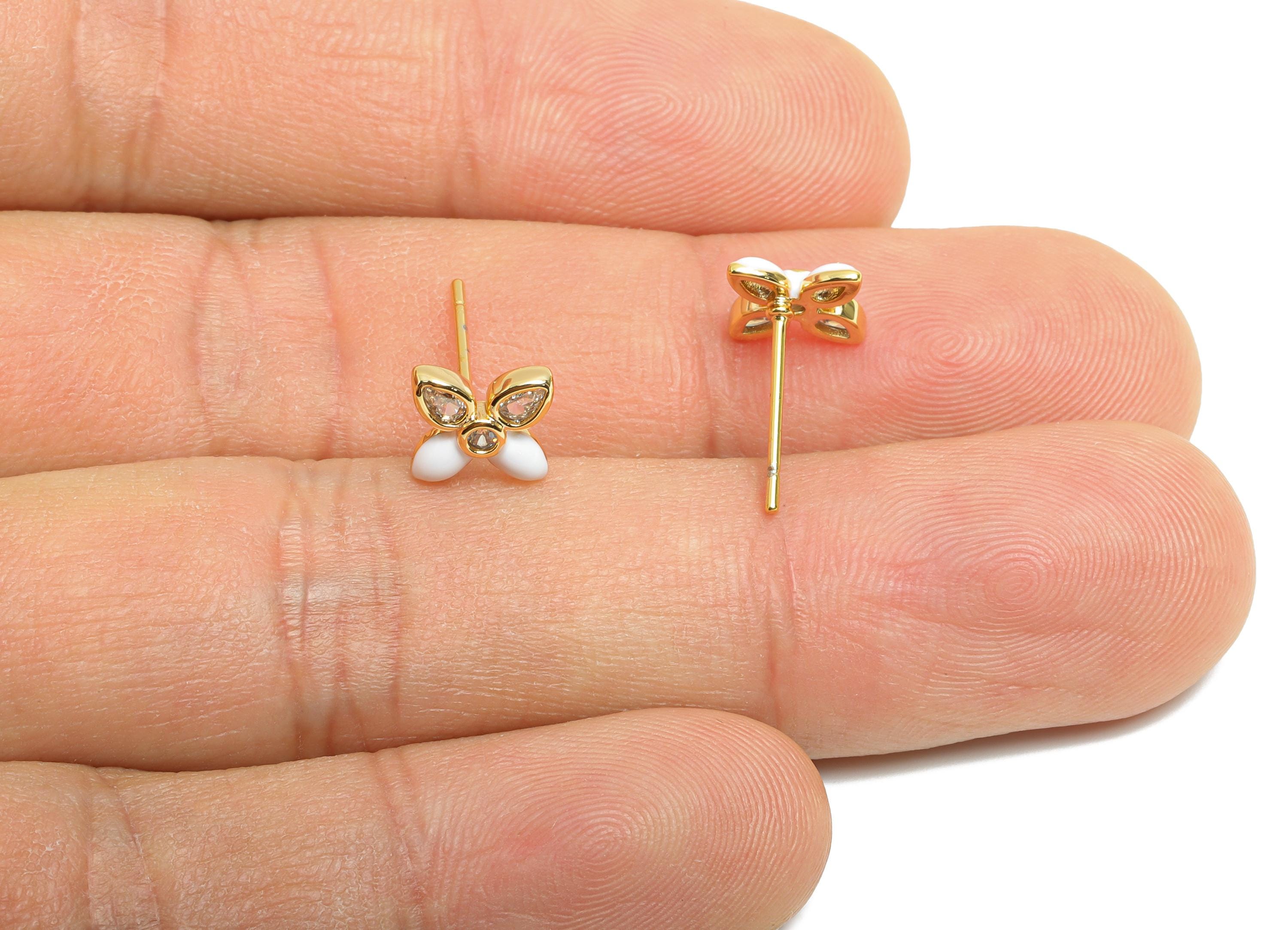 CZ Dainty Flower Stud - Brass Vibrant Enamel Earring Stud - Brass Crystal Everyday Wear  Earring - 18K Real Gold Plated - 9x7x2mm-RGP10392B - DOMEDBAZAAR