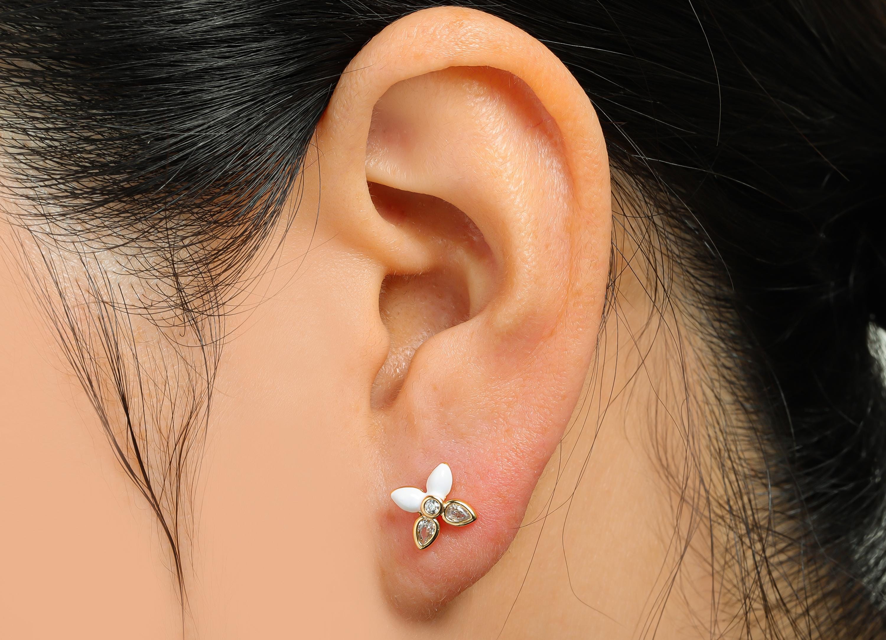 CZ Dainty Flower Stud - Brass Vibrant Enamel Earring Stud - Brass Crystal Everyday Wear  Earring - 18K Real Gold Plated - 9x7x2mm-RGP10392B - DOMEDBAZAAR