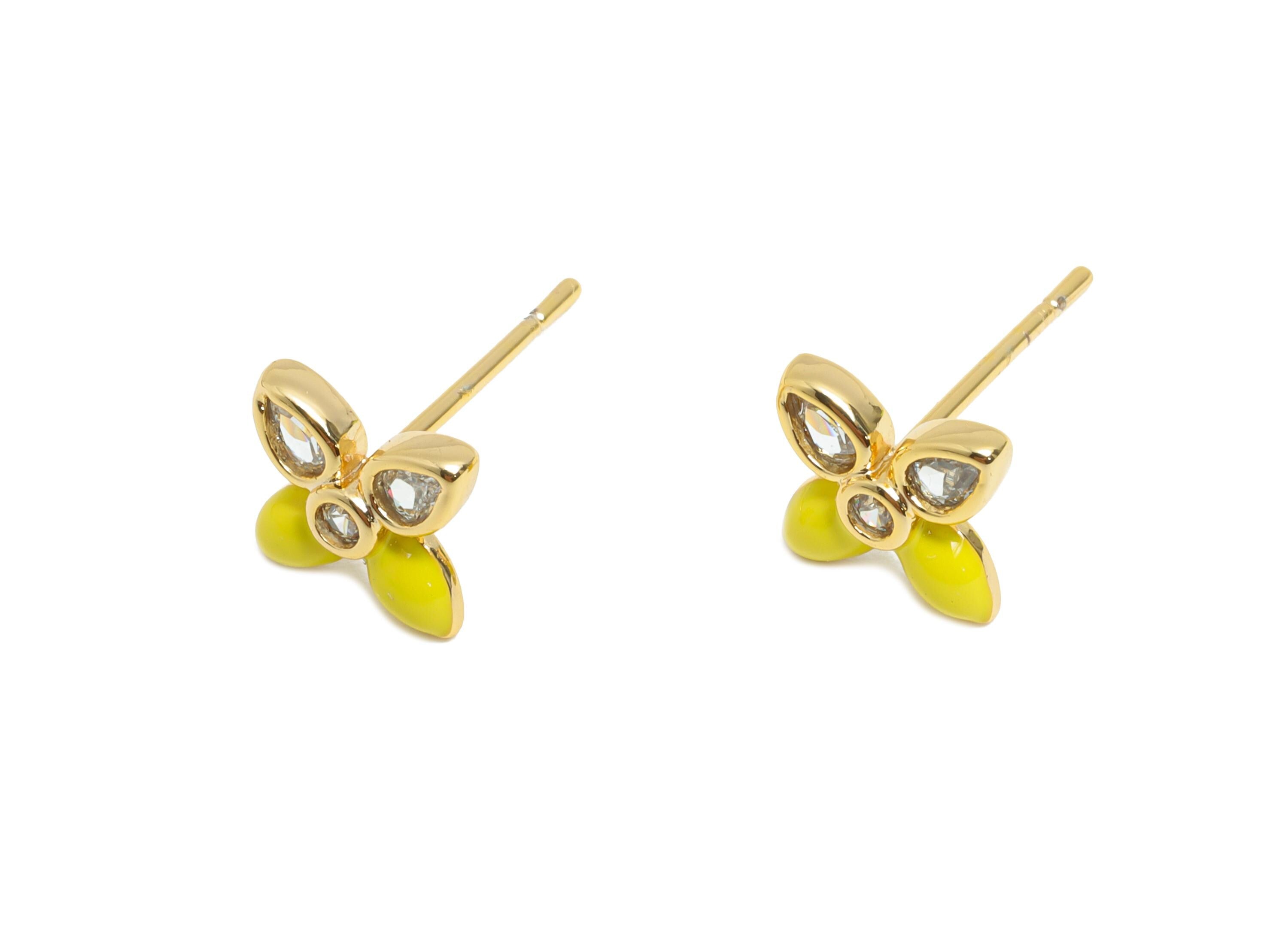 CZ Dainty Flower Stud - Brass Modern Enamel Earring Stud - Brass Elegant Colorful Everyday Wear - 18K Real Gold Plated - 9x7x2mm - RGP10392D - DOMEDBAZAAR