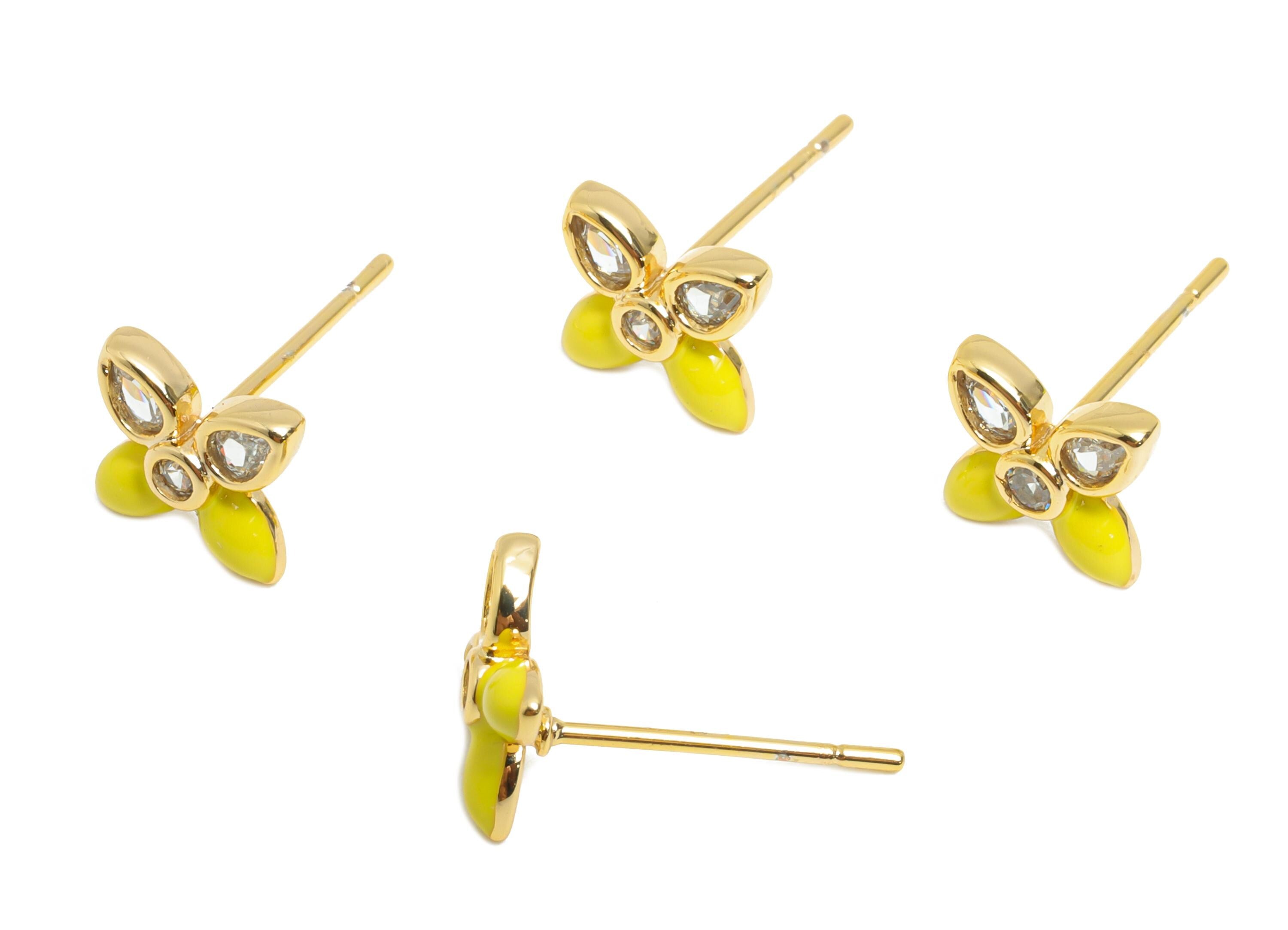 CZ Dainty Flower Stud - Brass Modern Enamel Earring Stud - Brass Elegant Colorful Everyday Wear - 18K Real Gold Plated - 9x7x2mm - RGP10392D - DOMEDBAZAAR