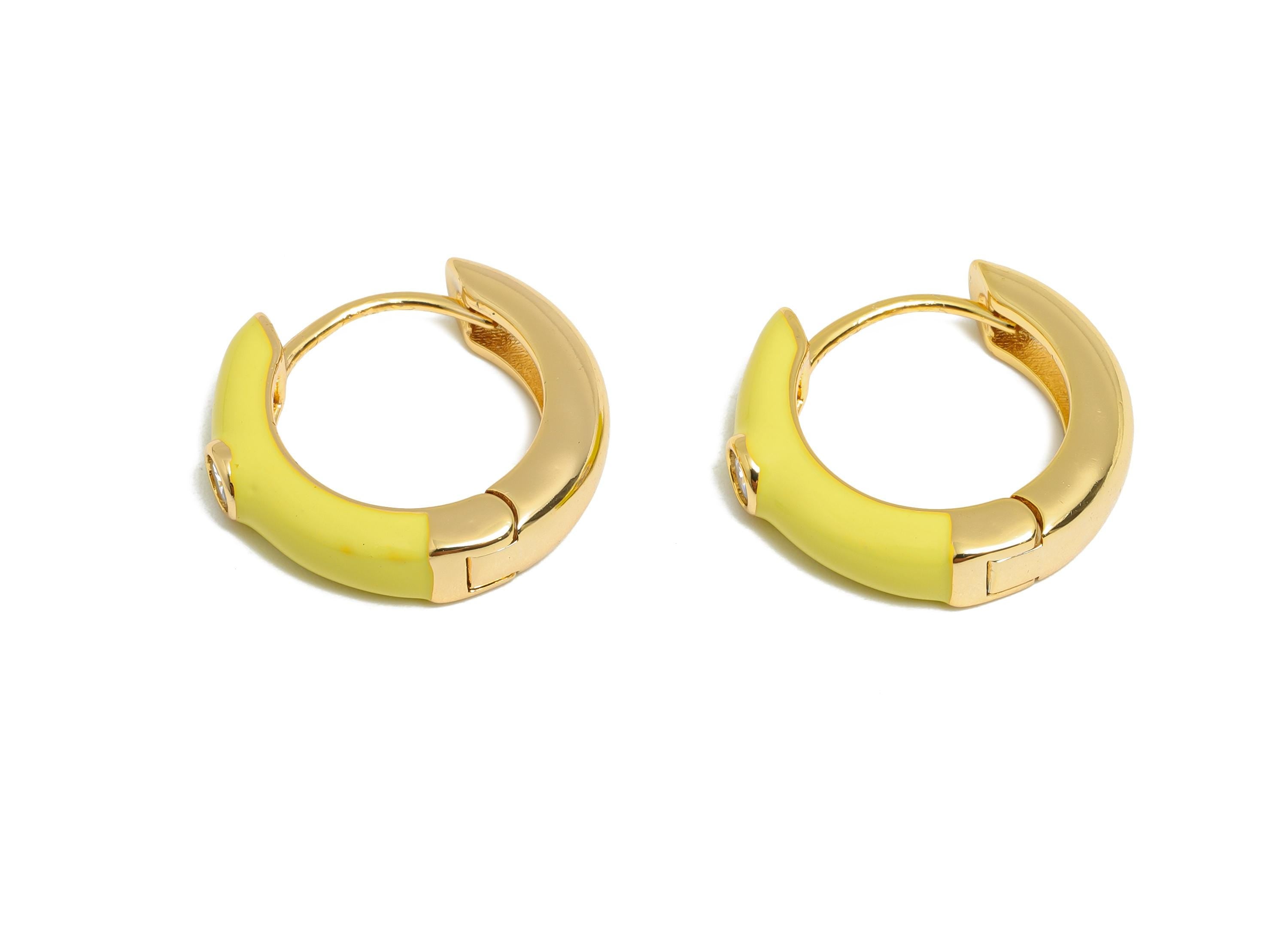 Gold Hoop Earring - Brass Vibrant Yellow Enamel Hoop Clasp - Bright Gold and Enamel Huggie Hoop - 18K Real Gold Plated - 19x18x4mm-RGP10378A - DOMEDBAZAAR