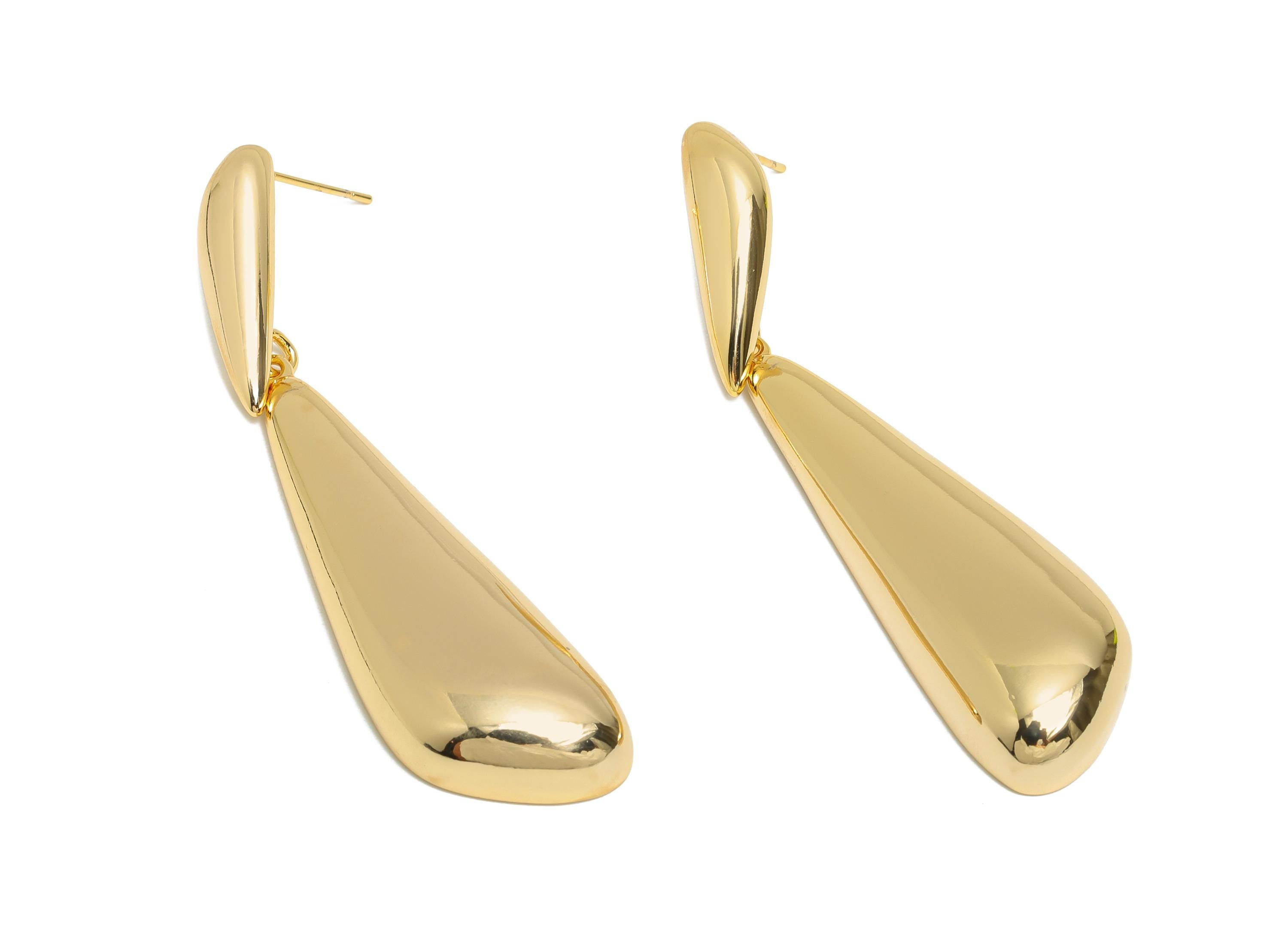 Brass Dangle Earring - Brass Teardrop Earring - Timeless Dangle Brass Chic Drop Earring Stud - 18K Real Gold Plating - 64x15x6mm - RGP10393 - DOMEDBAZAAR