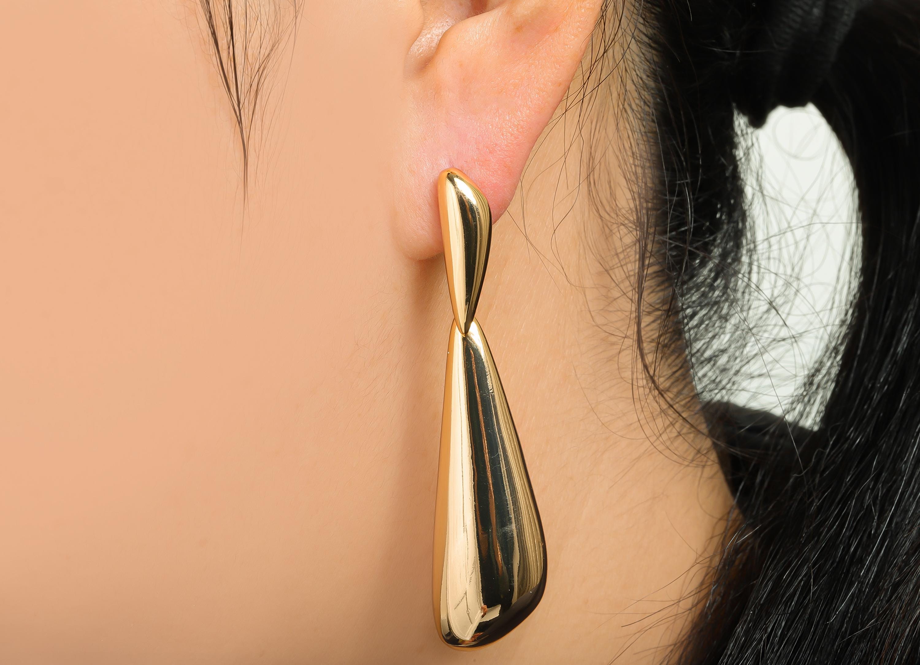 Brass Dangle Earring - Brass Teardrop Earring - Timeless Dangle Brass Chic Drop Earring Stud - 18K Real Gold Plating - 64x15x6mm - RGP10393 - DOMEDBAZAAR
