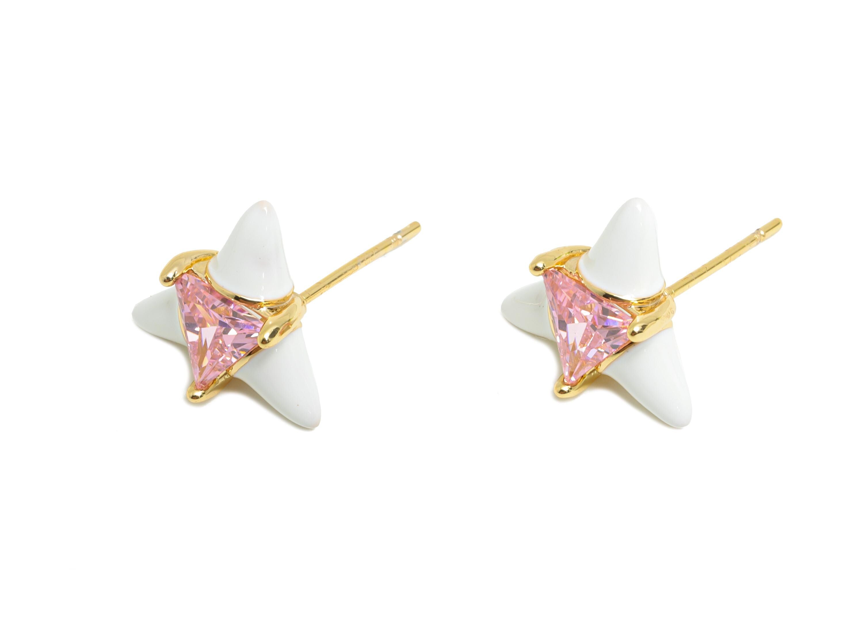 Chic Triangle Stud Earring - Brass White Enamel Bold Earring - Vibrant Cubic Zircon Jewelry - 18k Real Gold Plated - 12x12x5mm - RGP10389B - DOMEDBAZAAR