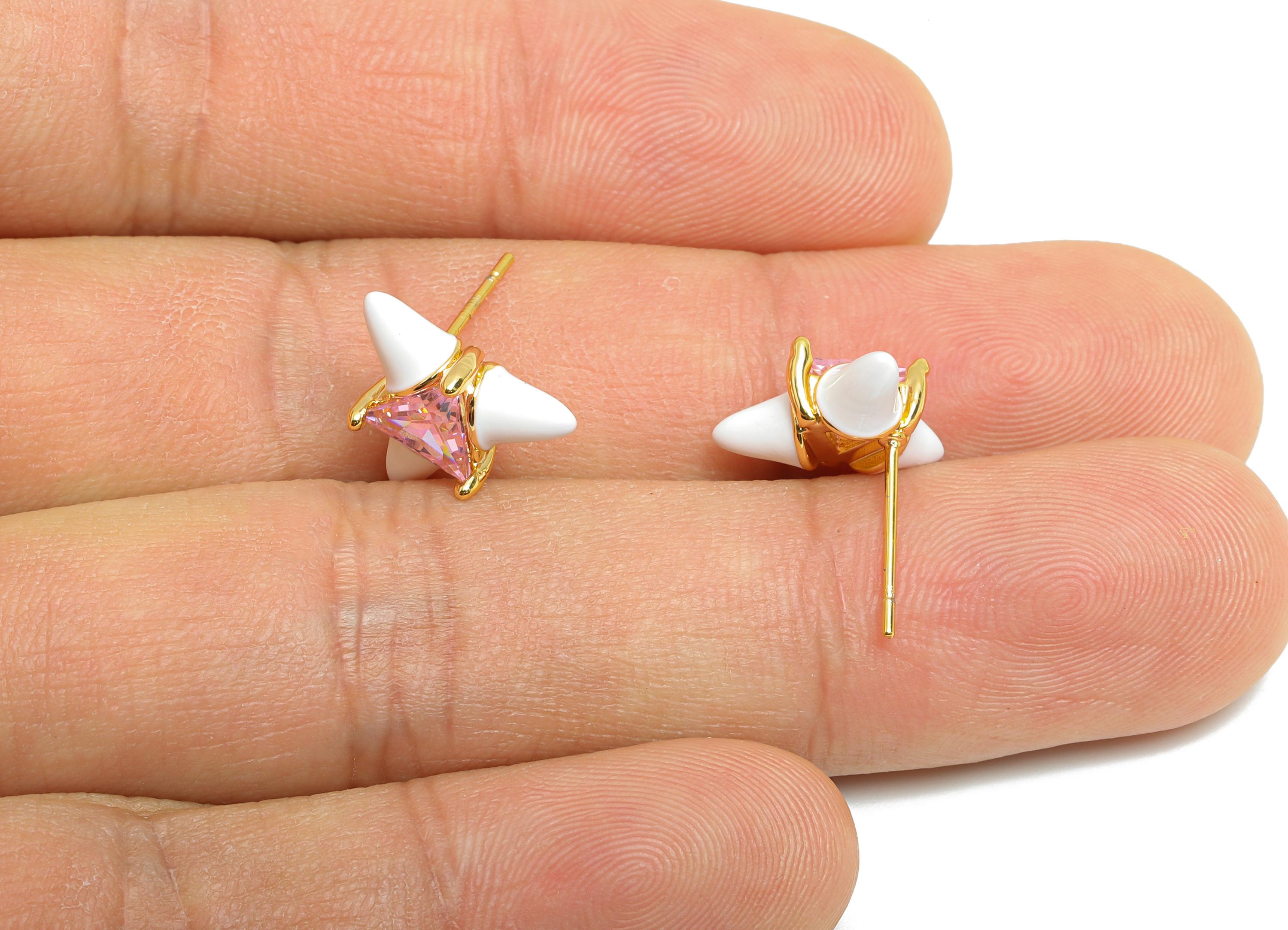 Chic Triangle Stud Earring - Brass White Enamel Bold Earring - Vibrant Cubic Zircon Jewelry - 18k Real Gold Plated - 12x12x5mm - RGP10389B - DOMEDBAZAAR