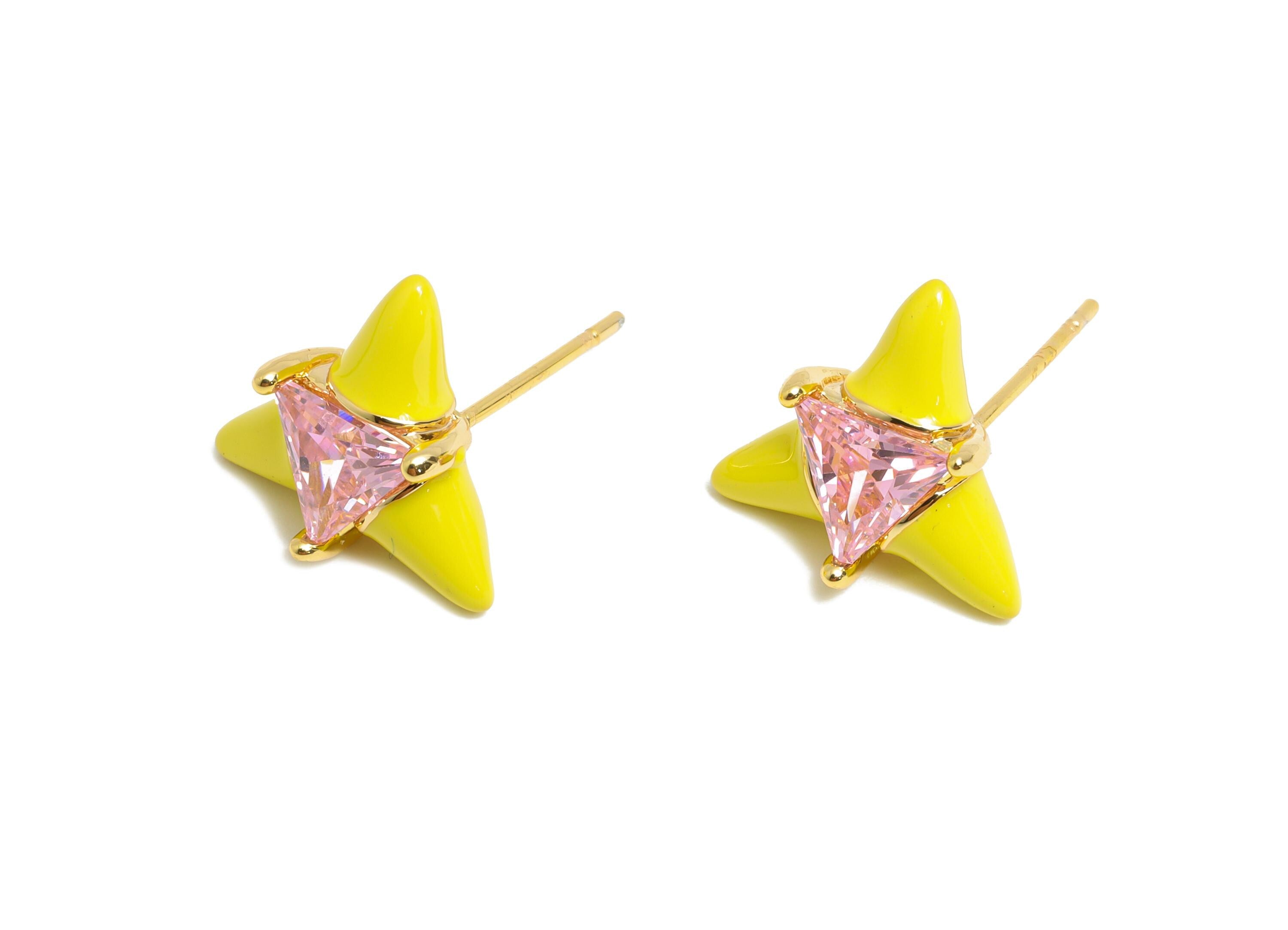 Chic Triangle Stud Earring - Brass Yellow Enamel Bold Earring - Vibrant Cubic Zircon Jewelry - 18k Real Gold Plated - 12x12x5mm - RGP10389D - DOMEDBAZAAR