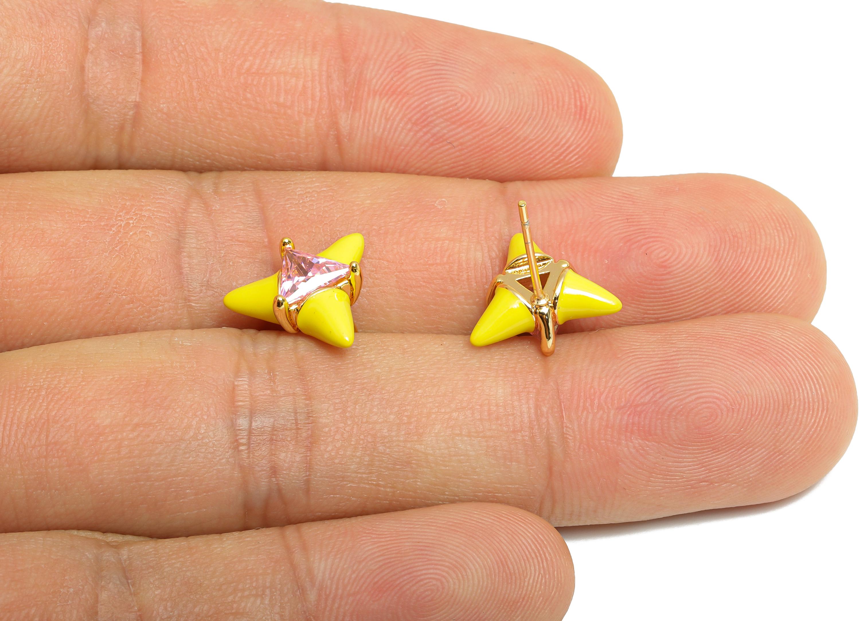 Chic Triangle Stud Earring - Brass Yellow Enamel Bold Earring - Vibrant Cubic Zircon Jewelry - 18k Real Gold Plated - 12x12x5mm - RGP10389D - DOMEDBAZAAR