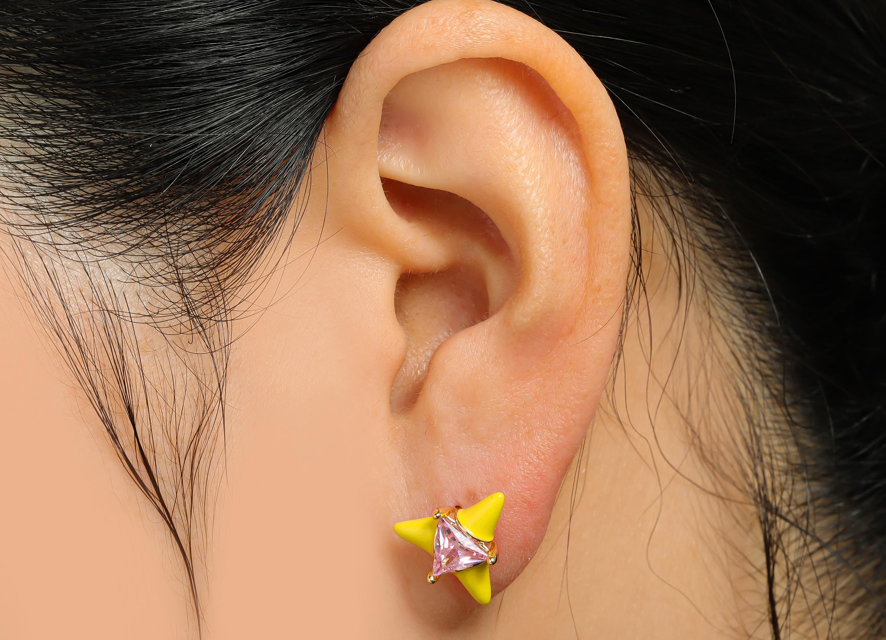 Chic Triangle Stud Earring - Brass Yellow Enamel Bold Earring - Vibrant Cubic Zircon Jewelry - 18k Real Gold Plated - 12x12x5mm - RGP10389D - DOMEDBAZAAR