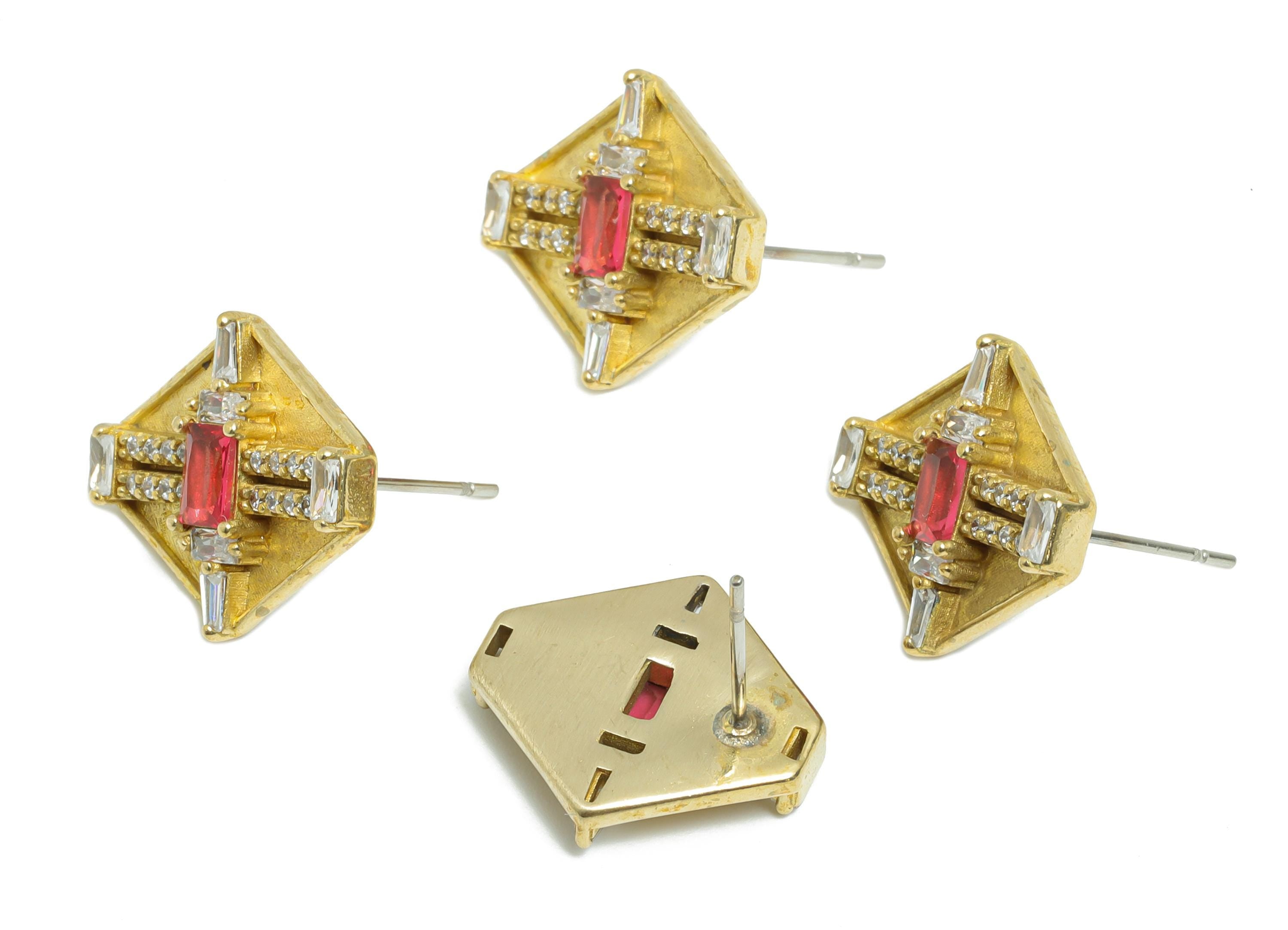 Hexagonal Ruby Earring - Raw Brass Sophisticated Party Earring - Rectangular Baguette Cut Stone - Modern Jewelry - 17x16x4mm - PP11040 - DOMEDBAZAAR