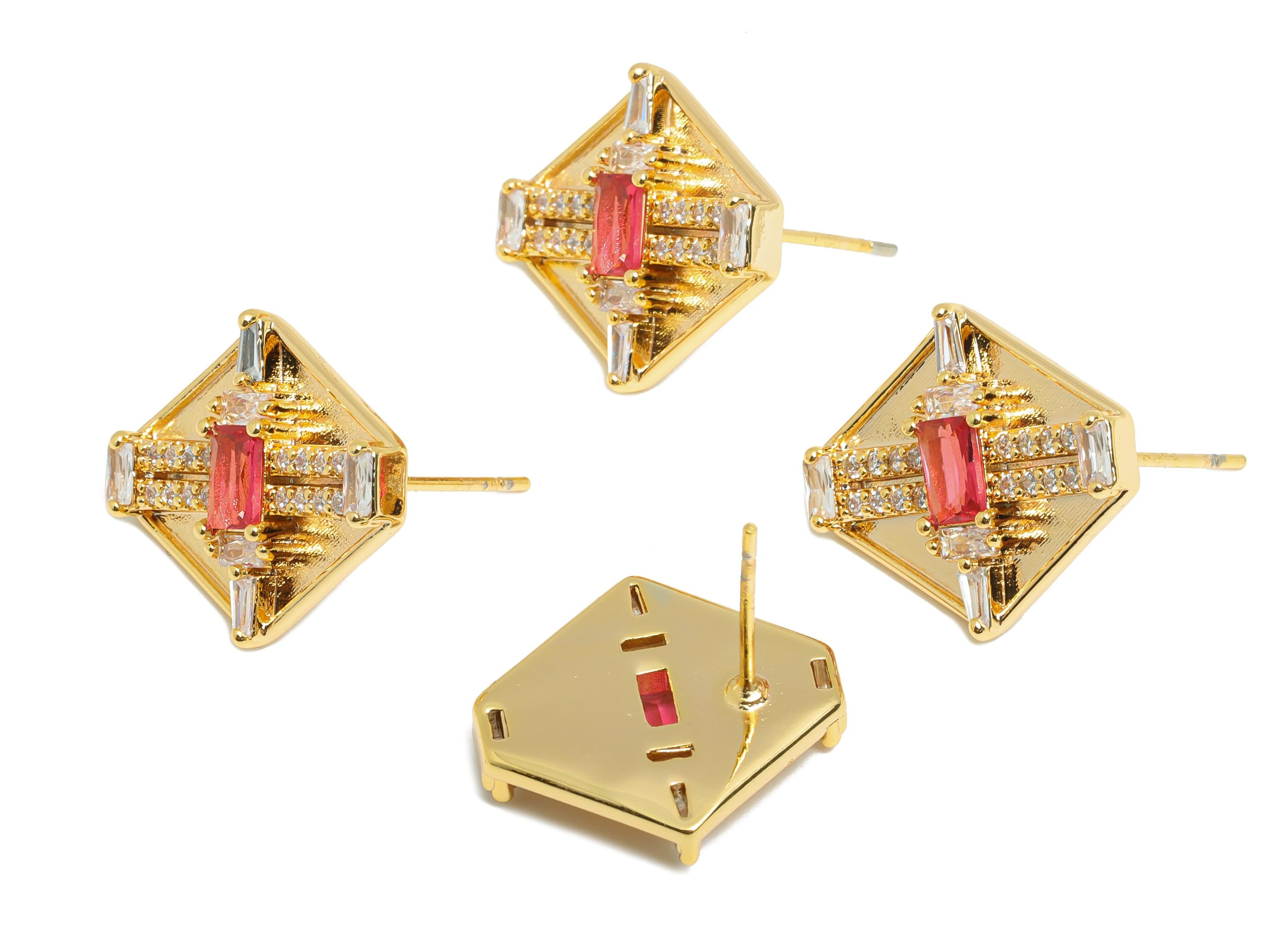 Hexagonal Ruby Earring - Brass Sophisticated Party Earring - Rectangular Baguette Cut Stone - 18K Real Gold Plating - 17x16x4mm - RGP11380 - DOMEDBAZAAR