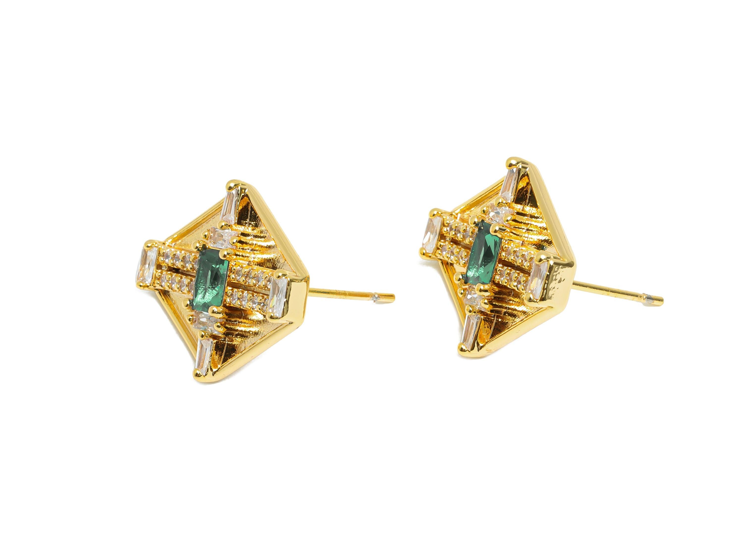 Hexagonal Green Spinel Earring - Brass Sophisticated Party Earring - Minimalist Luxe Earrings - 18K Real Gold Plated - 17x16x4mm - RGP10381 - DOMEDBAZAAR
