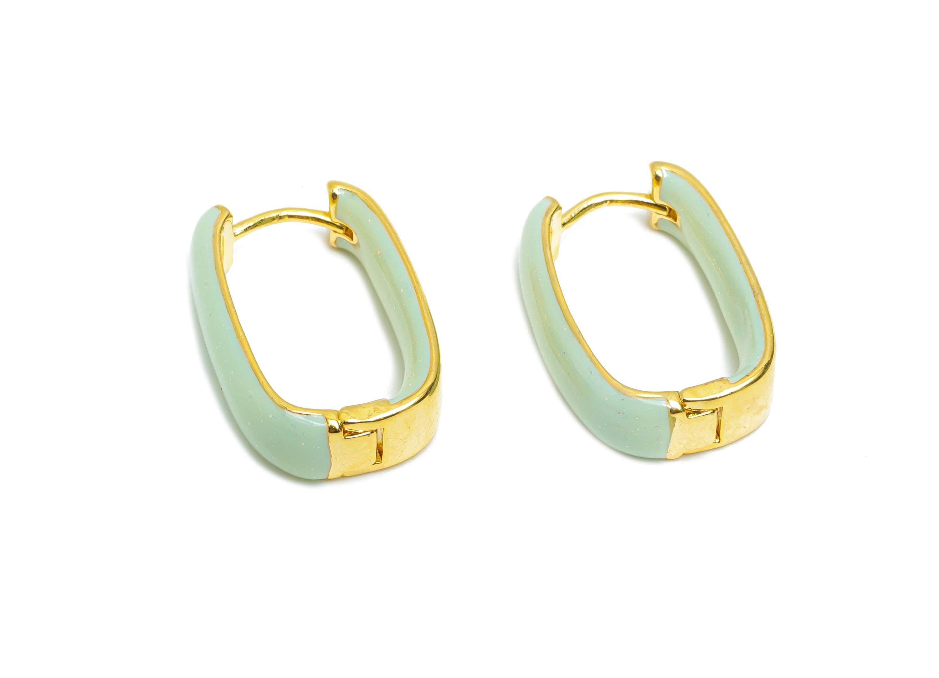 Brass U Shape Hoop Earring - Green Enamel Chunky Earring - Minimalist Gold Oval Earring - 18K Real Gold Plated -21.01x14.92x6.2mm -RGP9604D - DOMEDBAZAAR