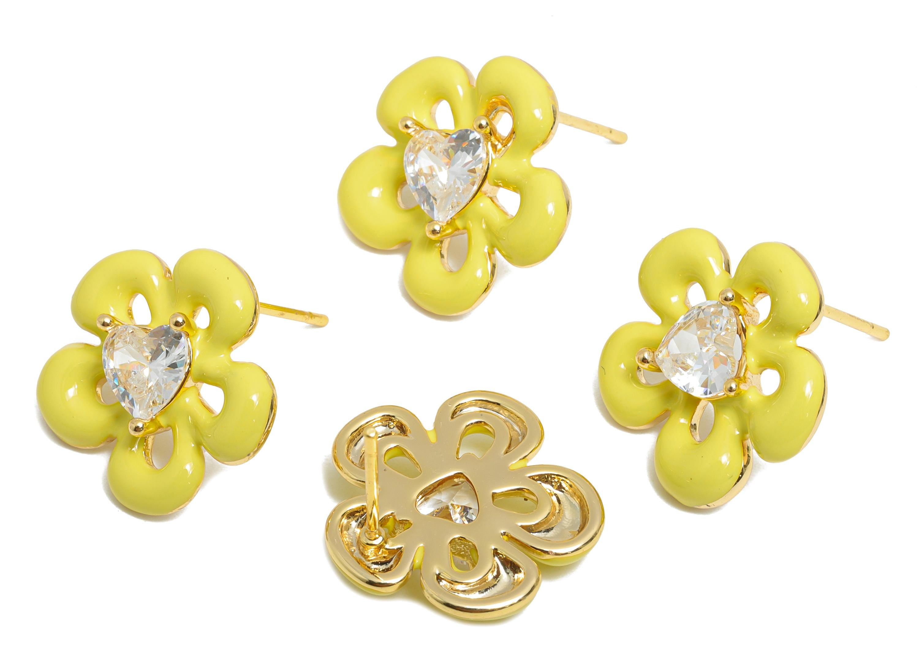 Yellow Enamel Flower Earring - Brass Cubic Zircon Colorful Earring - Bold Spring Summer Charm - 18K Real Gold Plating -  17x16x4mm-RGP10377A - DOMEDBAZAAR