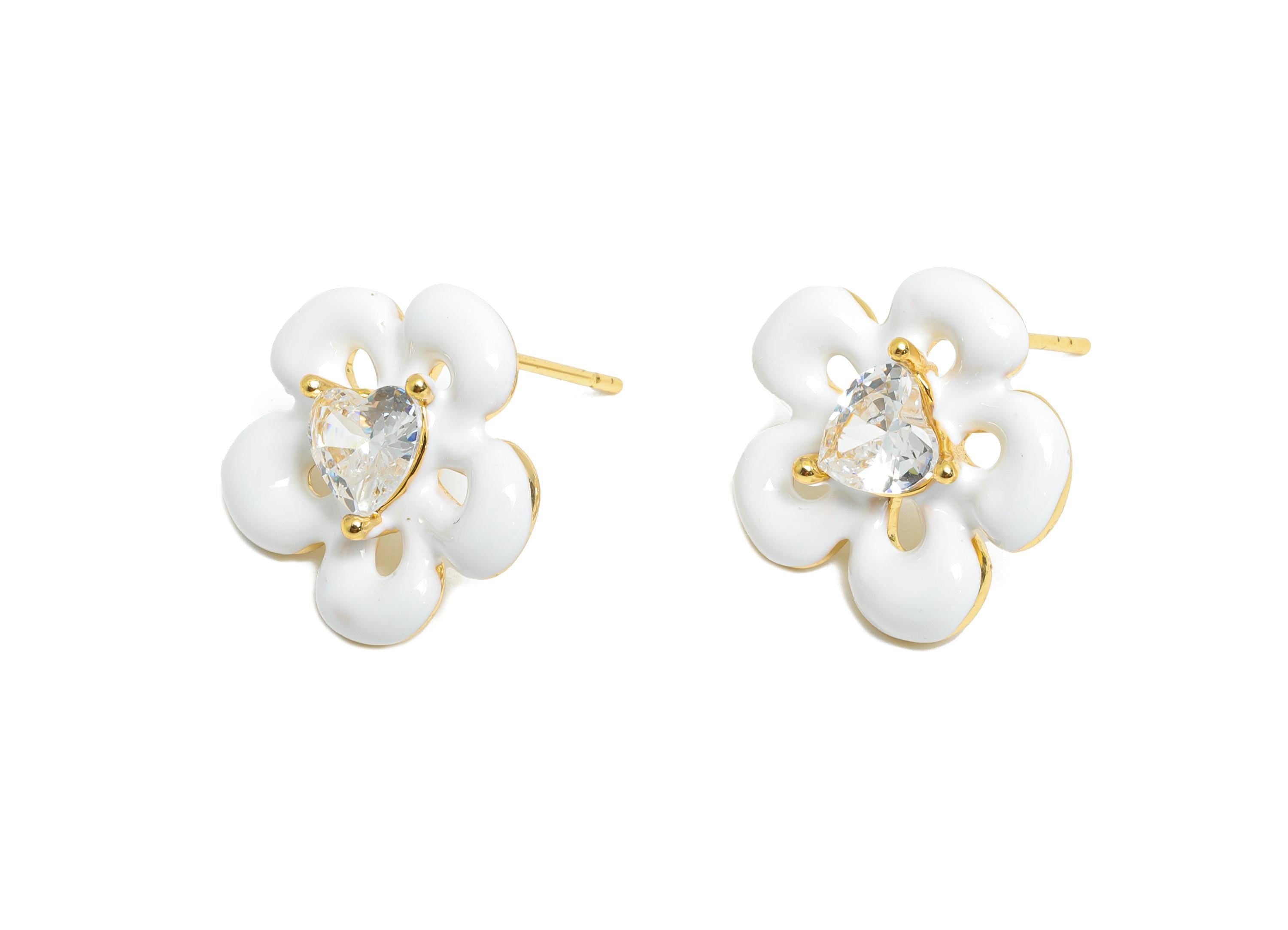 White Enamel Flower Earring - Brass Cubic Zircon Colorful Earring - Bold Spring Summer Charm - 18K Real Gold Plating -  17x16x4mm -RGP10377B - DOMEDBAZAAR