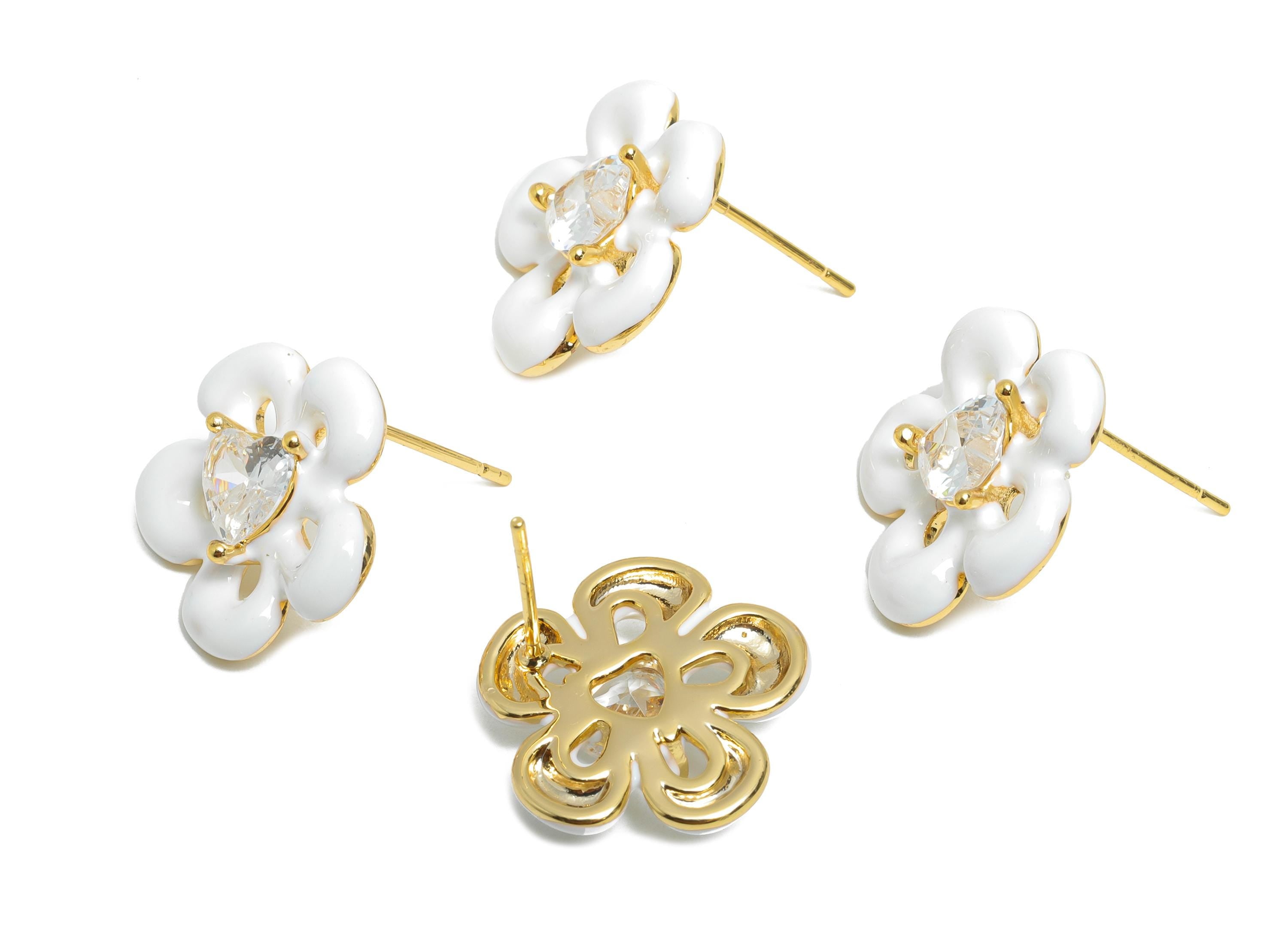 White Enamel Flower Earring - Brass Cubic Zircon Colorful Earring - Bold Spring Summer Charm - 18K Real Gold Plating -  17x16x4mm -RGP10377B - DOMEDBAZAAR