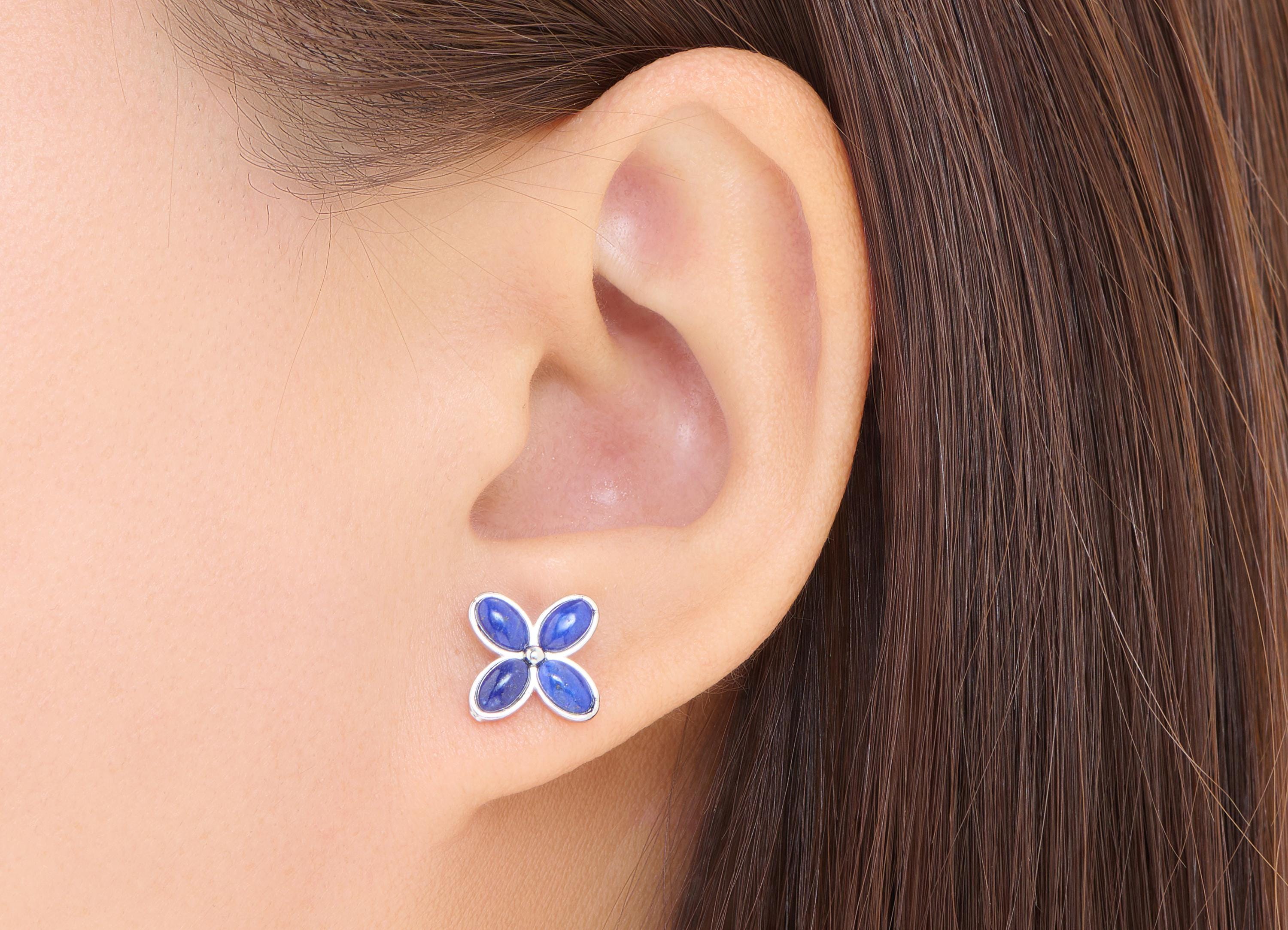 Lapis lazuli Heart Earring Stud - Brass Flower Vintage Looking Earring Post - Dainty Jewelry Making - White K Plated - 13x10x2.83mm - NS2599 - DOMEDBAZAAR