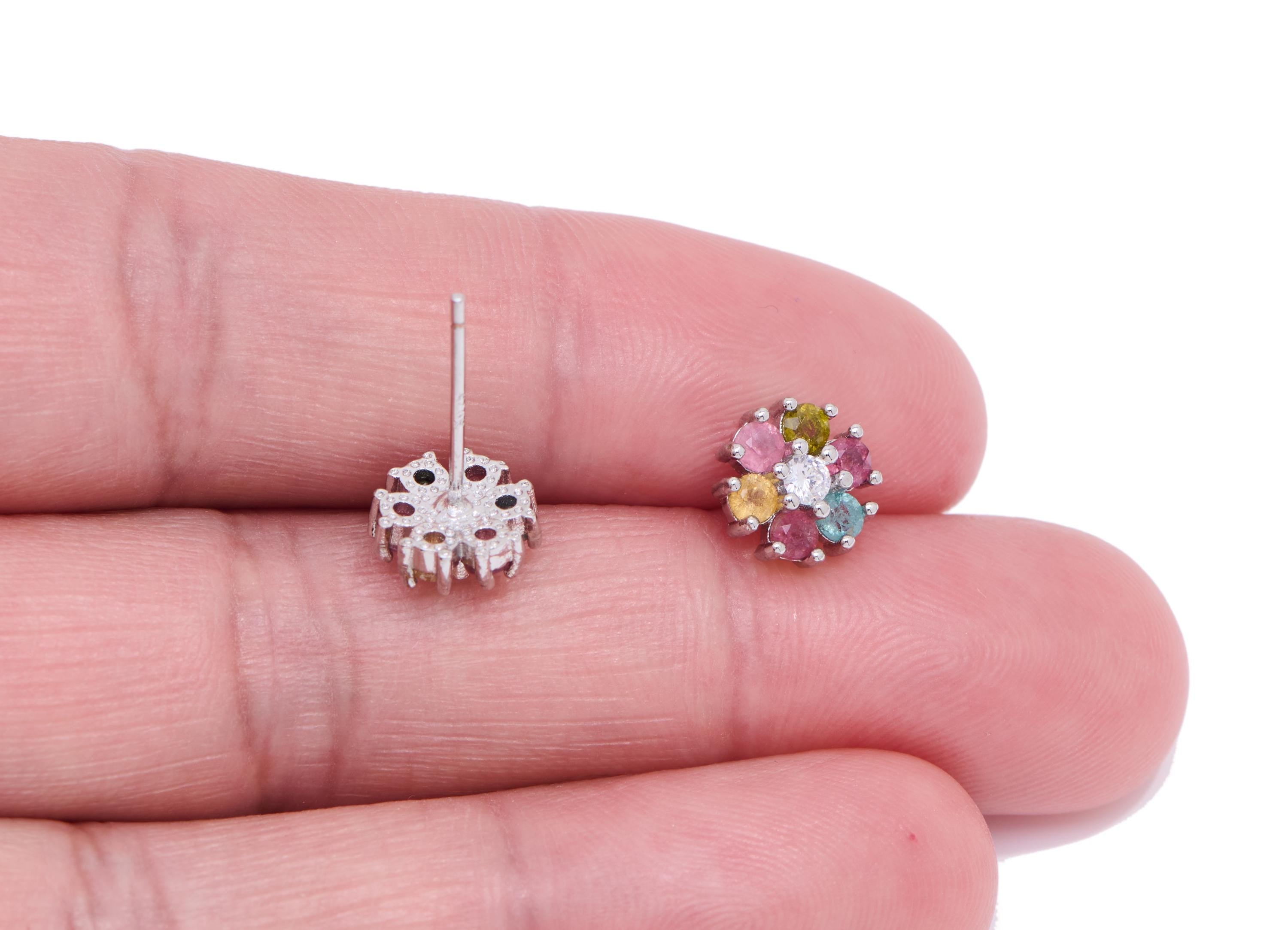 Tourmaline Floral Earring Stud - Brass Stone Sparking Earring Post - Everyday Wear Jewelry Making - White K Plated - 8.2x8.18x4mm - NS2601 - DOMEDBAZAAR