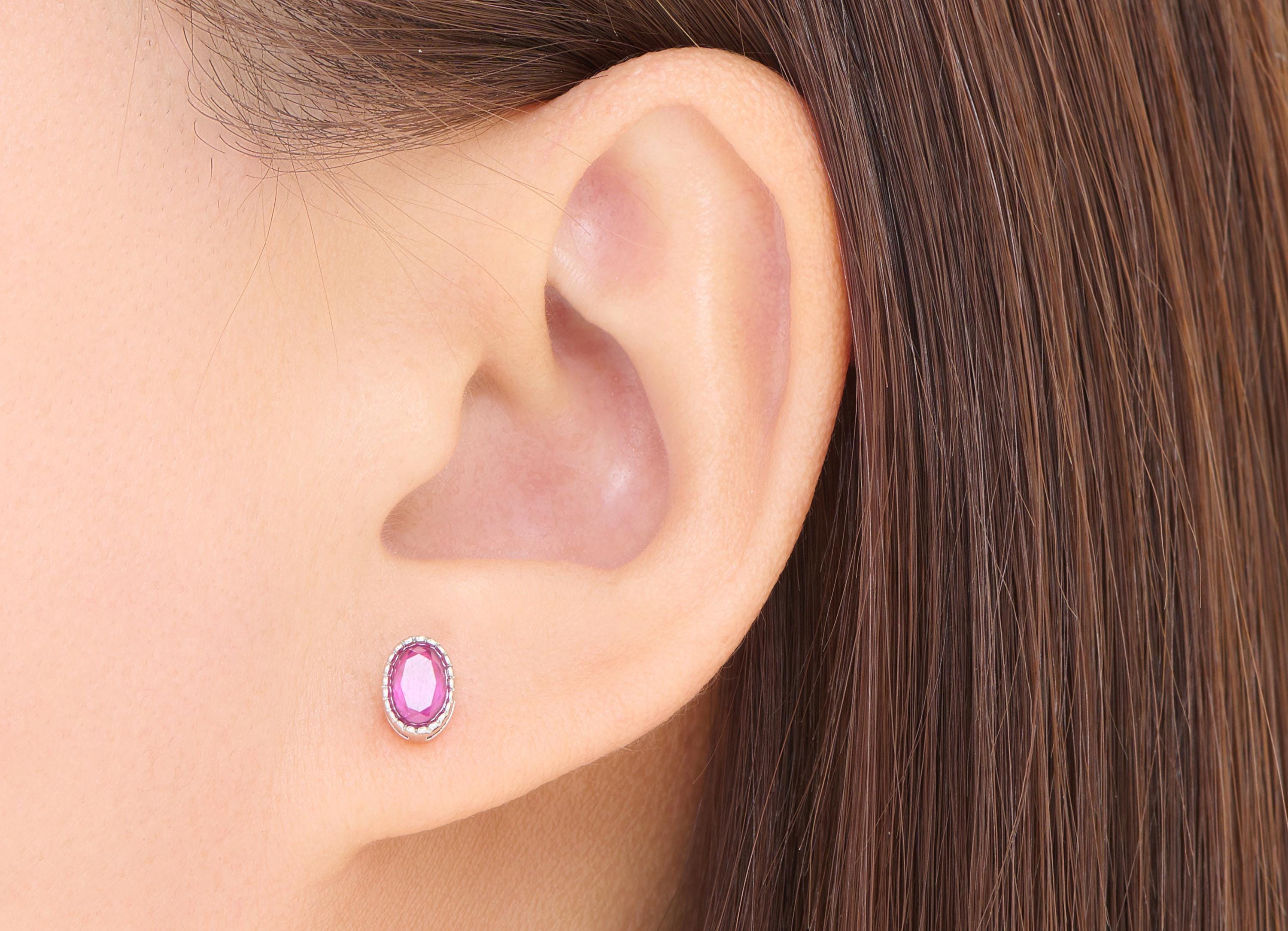 Ruby Brass Oval Earring Stud - Natural Gemstone Earring Post - Minimalist Jewelry - Silver Stud - White K Plated - 7.22x5.38x3.9mm - NS2581 - DOMEDBAZAAR