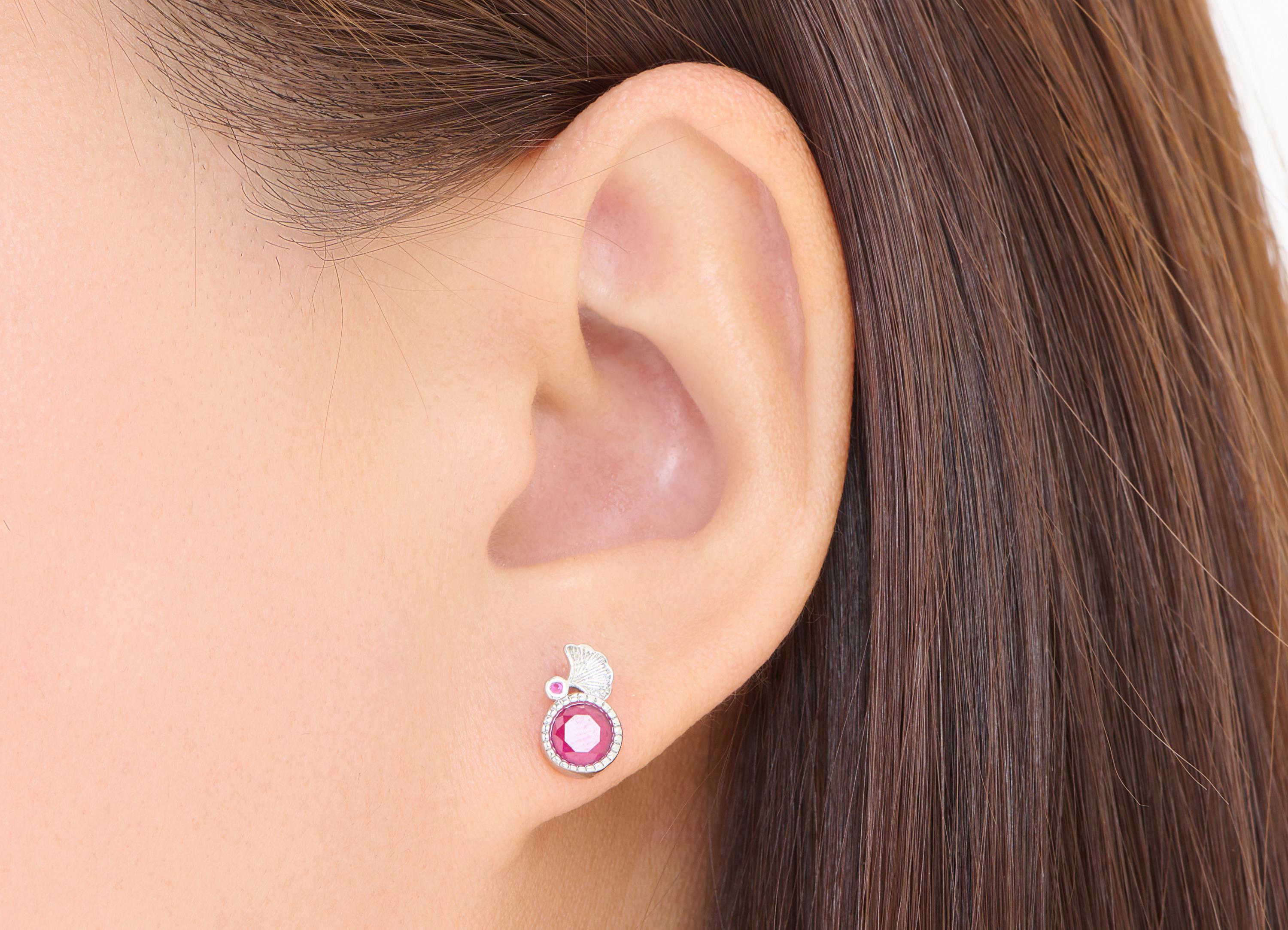 Ruby Brass Gingko Earring Stud - Brass Leaf Ruby Stone Earring Post - Everyday Wear Jewelry Making - White K Plated - 10.87x6x3mm - NS2625 - DOMEDBAZAAR